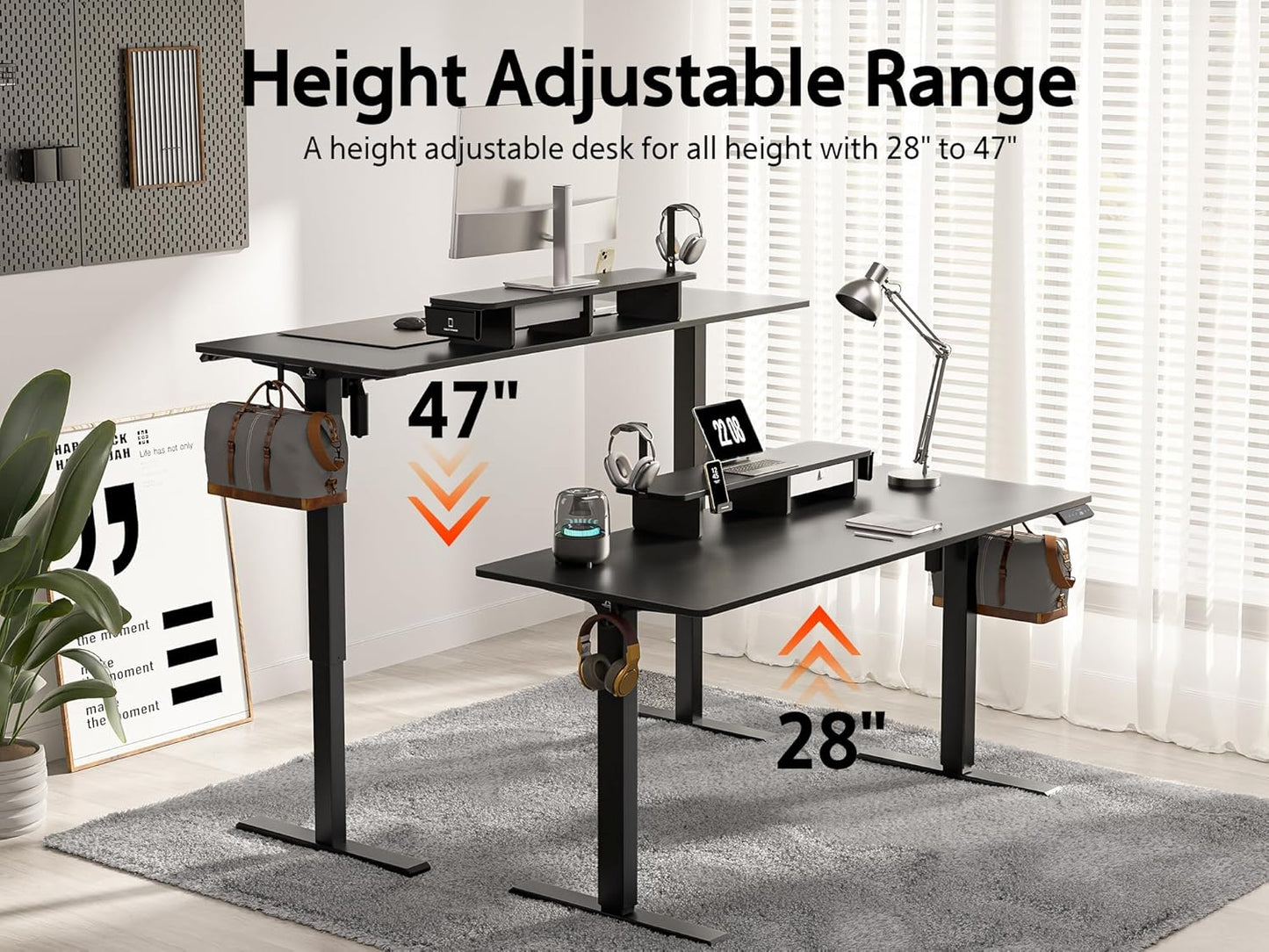 63x24 Inches Electric Standing Desk with Drawer and Monitor Stand, Height Adjustable Sit to Stand up Desk for Home Office, Ergonomic Computer Table with Phone Holder, 3 Hooks, Black