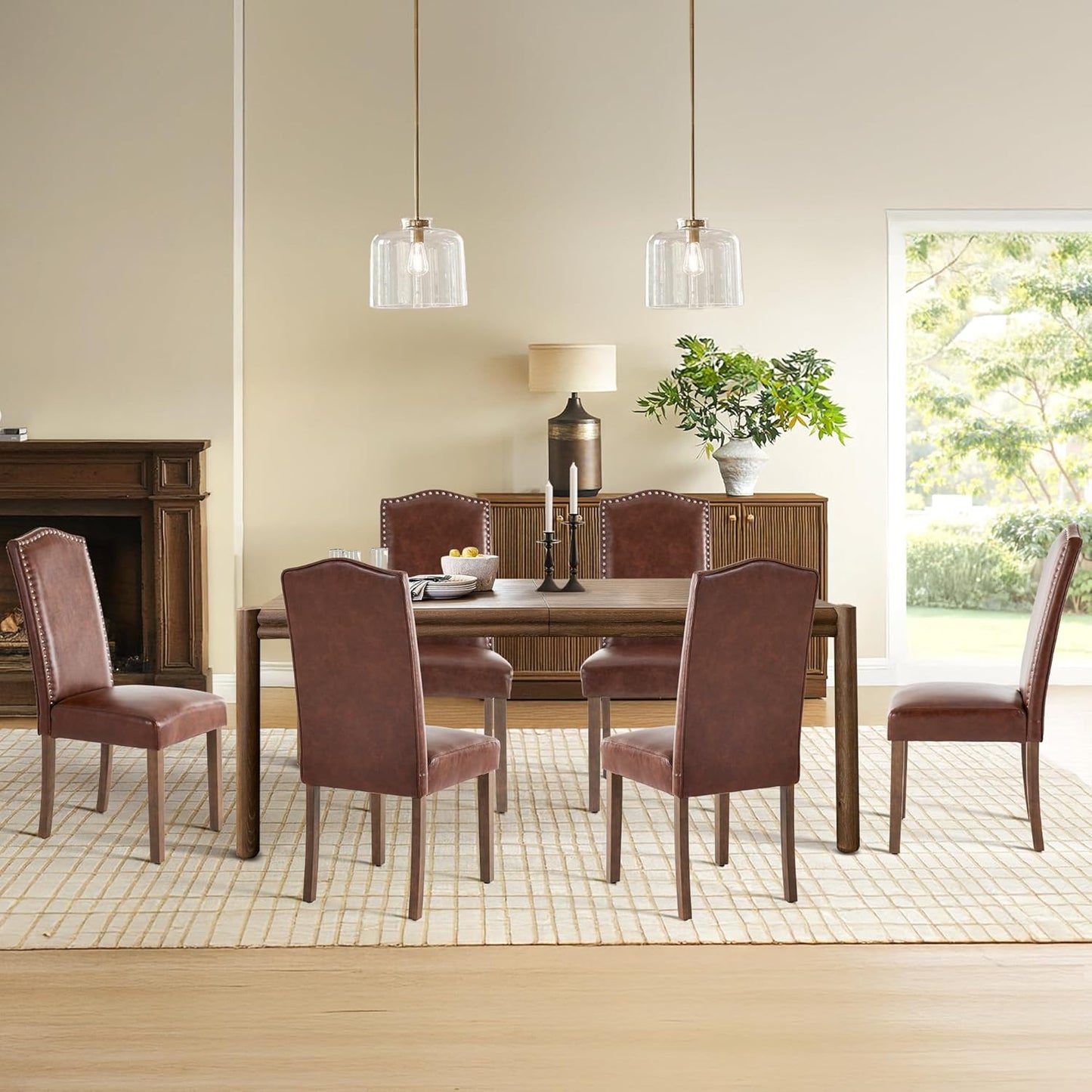 Stylish Upholstered Parsons Dining Chair PU Faux Leather with Silver Nailhead Trim and Sturdy Solid Wood Legs