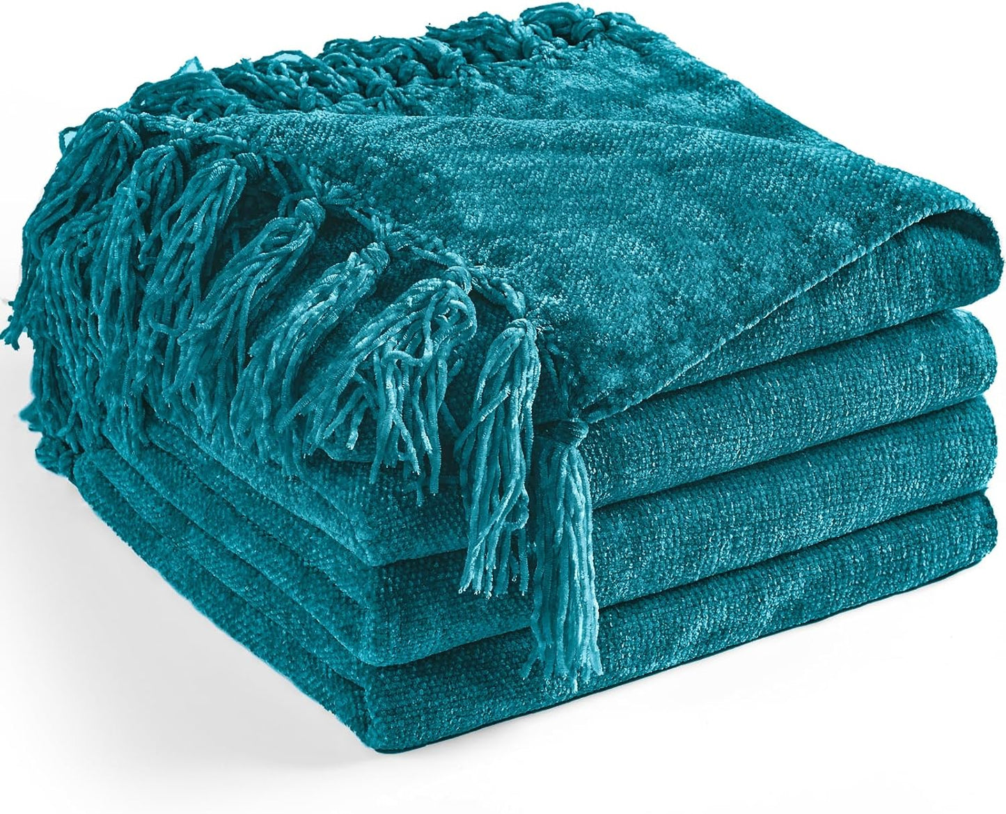 Chenille Throw Blanket for Couch 60"X 80" Twin, Soft Cozy Throws with Fringe Tassel for Bed Sofa Chair Cover, Lightweight Knitted Decorative Boho Blankets for Living Room, Teal