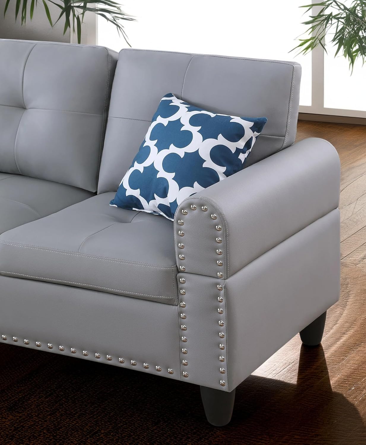 98 Inch L Shaped Sectional Sofa with Chaise Lounge, Storage Ottoman and 2 Pillows, 4-Seaters Faux Leather Upholstered Tufted Couch w/Cupholder & Nailhead Trim for Living Room, Office, Gray