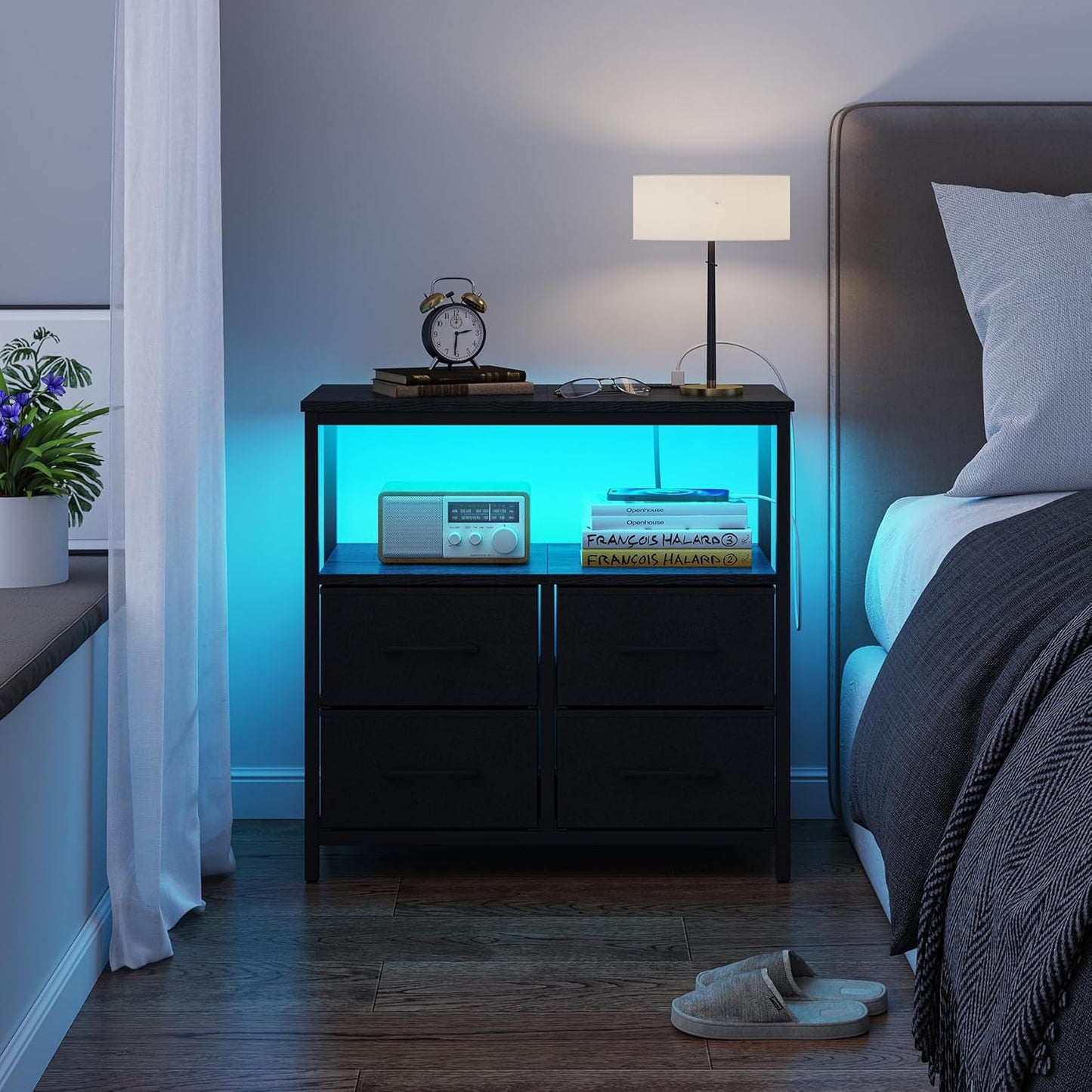 TUTOTAK LED Night Stand with Charging Station, Large Nightstand with USB and Type-C Port, Bedside Table with Cloth Drawers, End Table for Livingroom, Bedroom, Black TB01BK081L