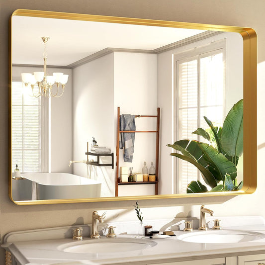 30 x 40 Inch Gold Bathroom Mirror for Wall,Aluminum Alloy Frame Rectangular Wall Mounted Mirror for Farmhouse Decor Horizontal or Vertical Ideal for Bedroom, Living Room