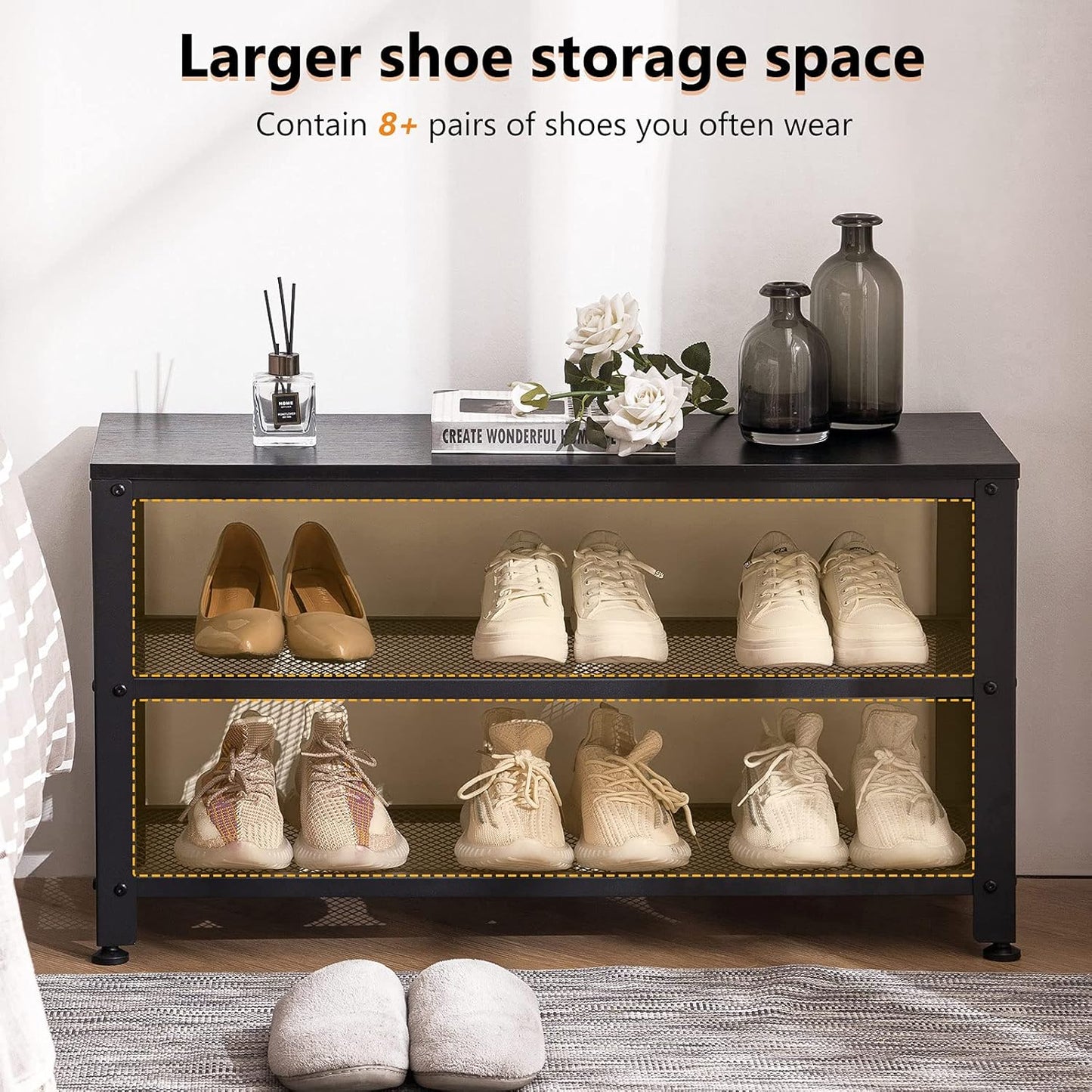 Apicizon Shoe Rack, 35.5 Inches 3-Tier Shoe Rack for Entryway with Long Seat and Metal Shelves for Garage, Industrial Storage Bench with Steel Structure for Living Room, Bedroom, Mudroom, Black