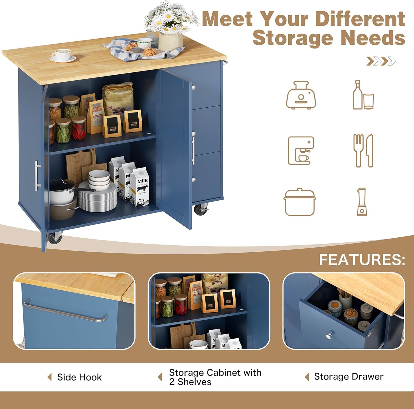 Shintenchi Kitchen Island with Folding Drop Leaf, Rolling Island Table with Storage, Kitchen Cabinet on Wheels with Seating Area for Kitchen, Bar Cart with Cabinet, Blue