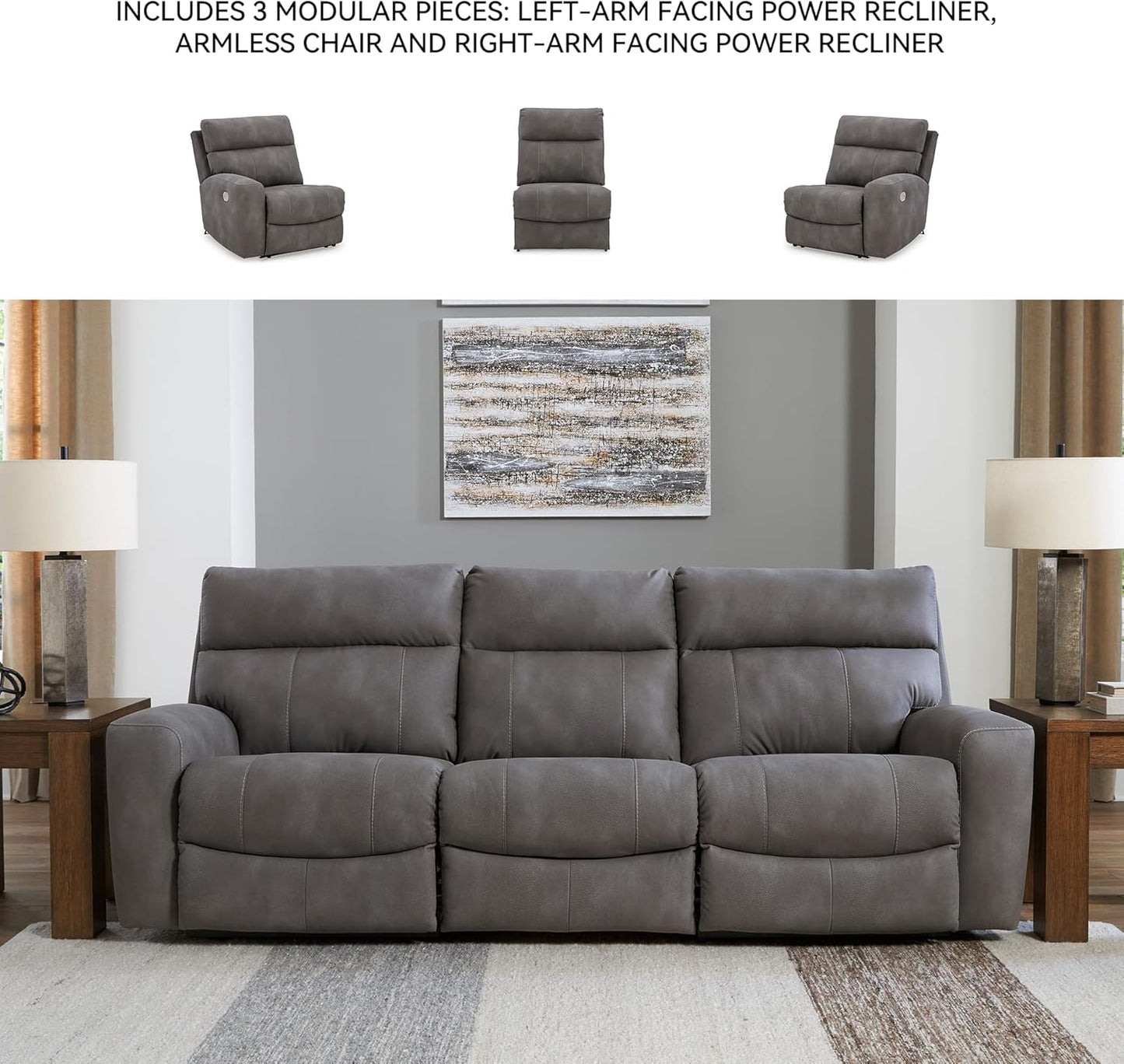 Signature Design by Ashley Next-Gen DuraPella Contemporary Faux Leather Modular Wall Hugger 3-Piece Power Reclining Sectional Sofa with Adjustable Headrest and USB Ports, Gray