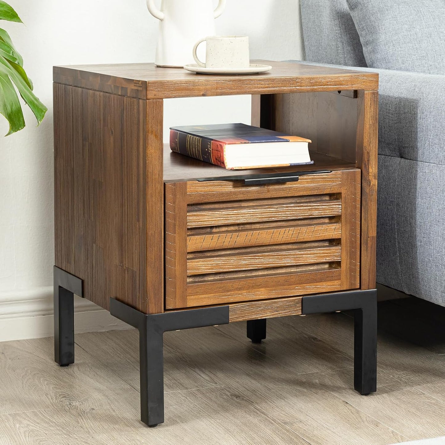 Bme Millie Solid Acacia Wood Rustic Nightstand with Drawers & Open Shelf, Pre-Assembled Industrial Modern Side Table for Living Room, Bedroom