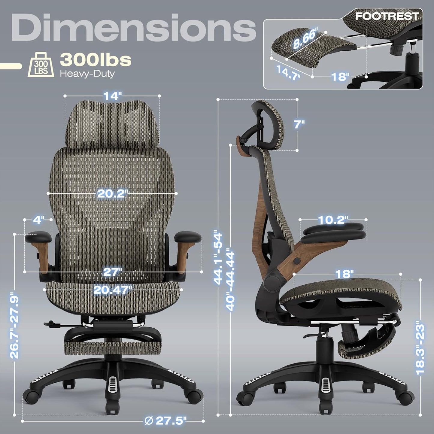 ELABEST X100 Ergonomic Office Chair with Footrest, Big and Tall Home Desk Chair with 5D Flip-Up Arms, Adjustable 3D Lumbar Support,High Back Rolling Computer Chair, Swivel Mesh Chairs (Coffee Break)