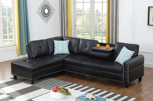 Ball & Cast 98" L Shaped Sectional Couch for Living Room with Chaise & Coffee Table,4 Seat Faux Leather Upholstered Modular Sectional Sofa Set 2 PCS W/Cup Holders & Nailhead Trim,for Home,Office,Black