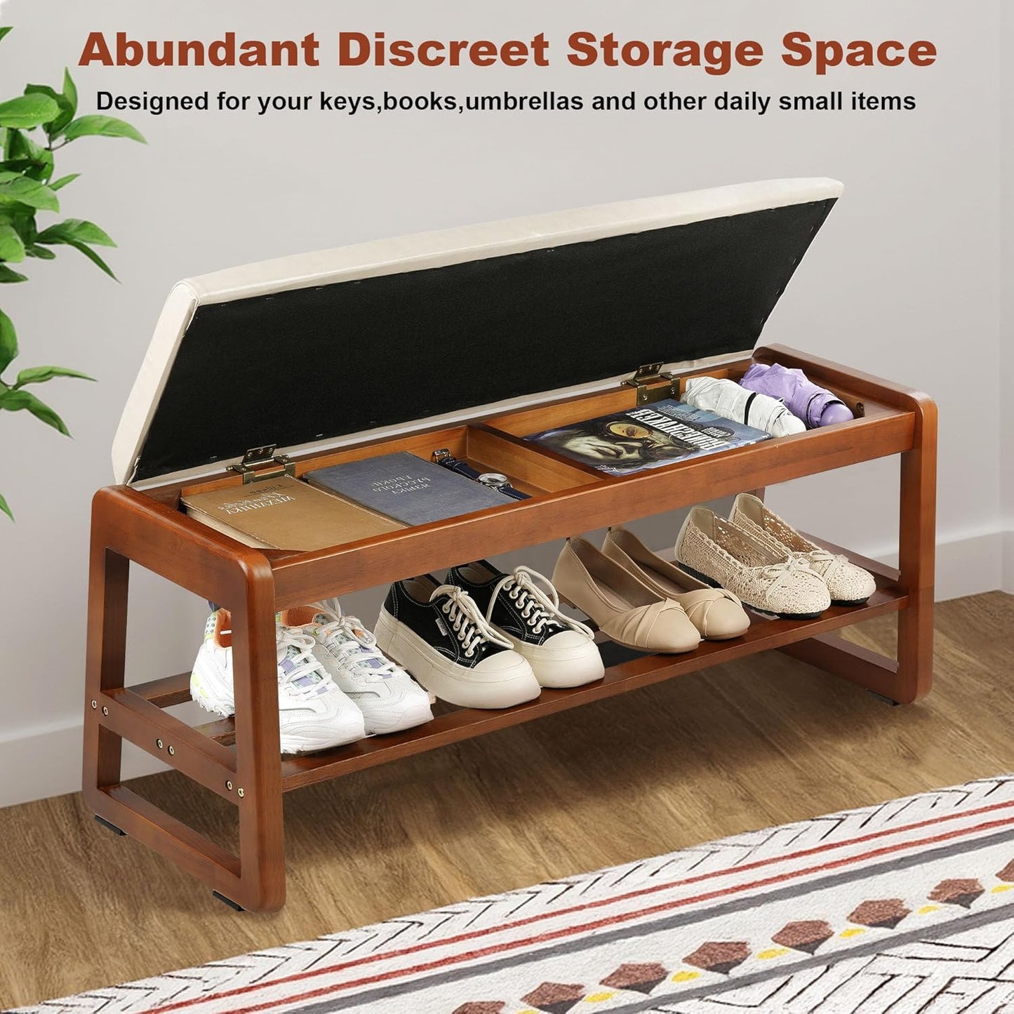 Shoe Bench Storage Rubberwood with Leather Cushion 39.4", Waterproof Easy to Clean 550LBS Organizer Shoe Rack for Entryway, Hallway, Mudroom, Front Door