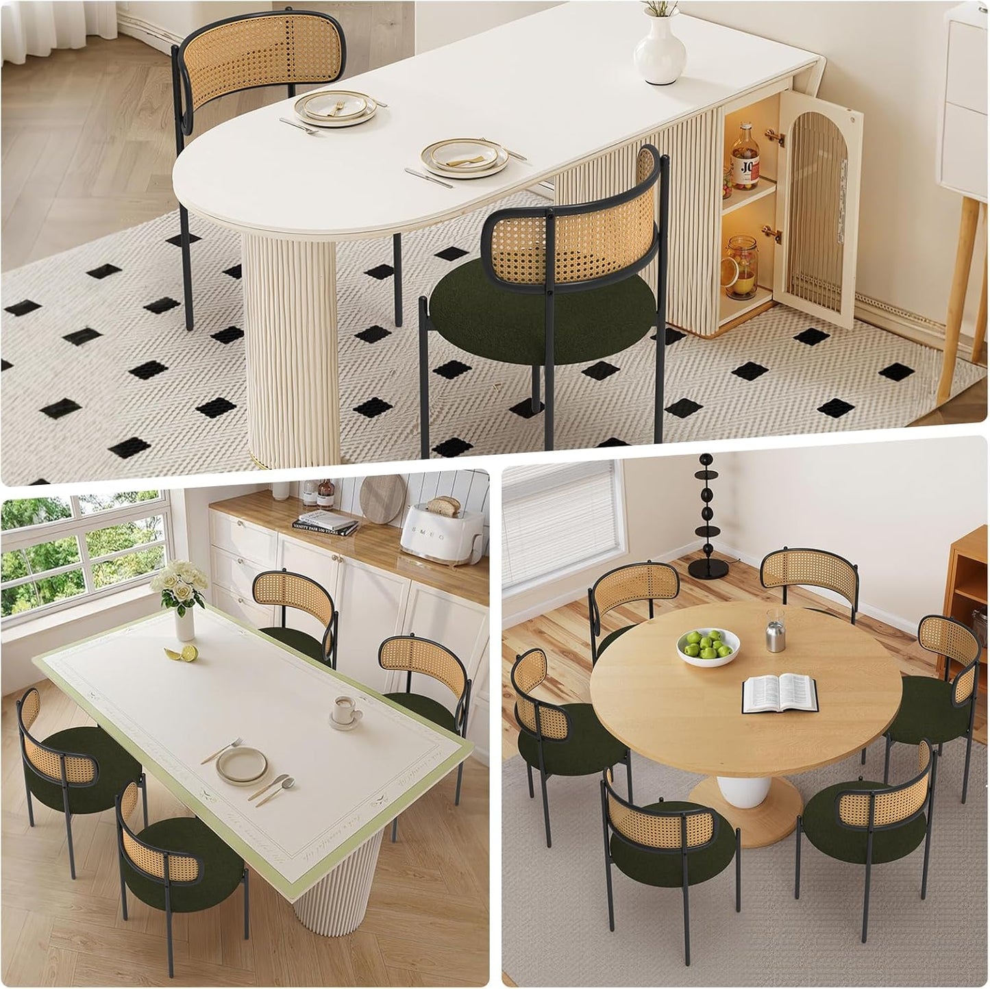 Mid Century Modern Dining Chairs Set of 2 with Rattan Backrest,Velvet Upholstered Accent Kitchen & Dining Room Chairs with Sturdy Metal Frame,Green