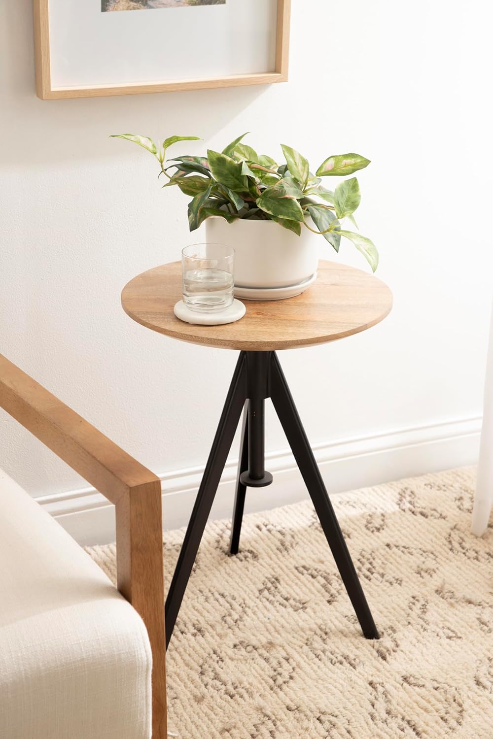 Kate and Laurel Keres Modern Adjustable-Height Round Tripod Side Table, 16 x 16 x 28, Natural Wood and Black, Transitional Circle End Table for Use as Indoor Plant Stand or Bedroom Nightstand