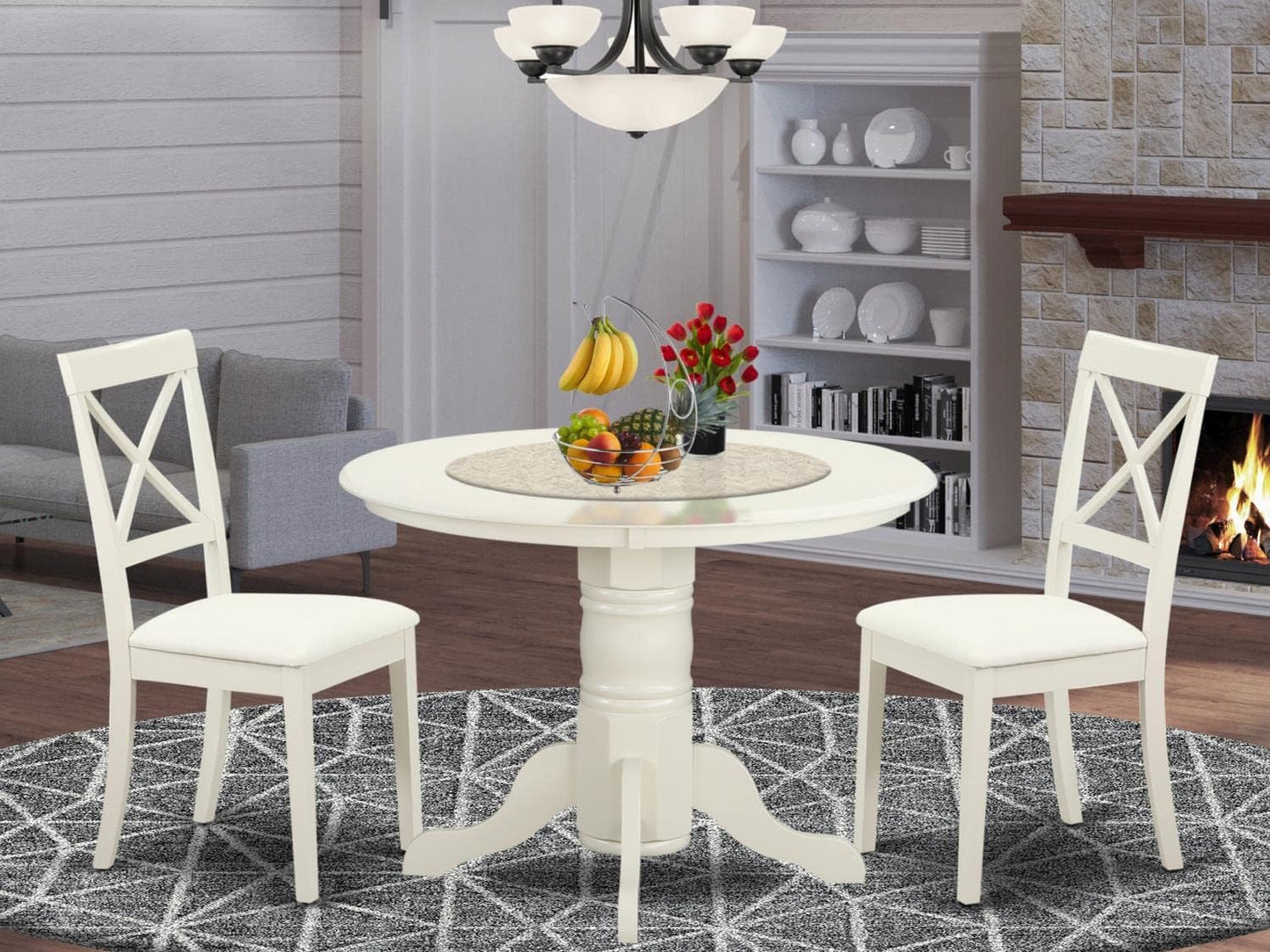 East West Furniture SHBO3-WHI-LC 3 Piece Dinette Set for Small Spaces Contains a Round Kitchen Table with Pedestal and 2 Faux Leather Upholstered Dining Chairs, 42x42 Inch, Linen White