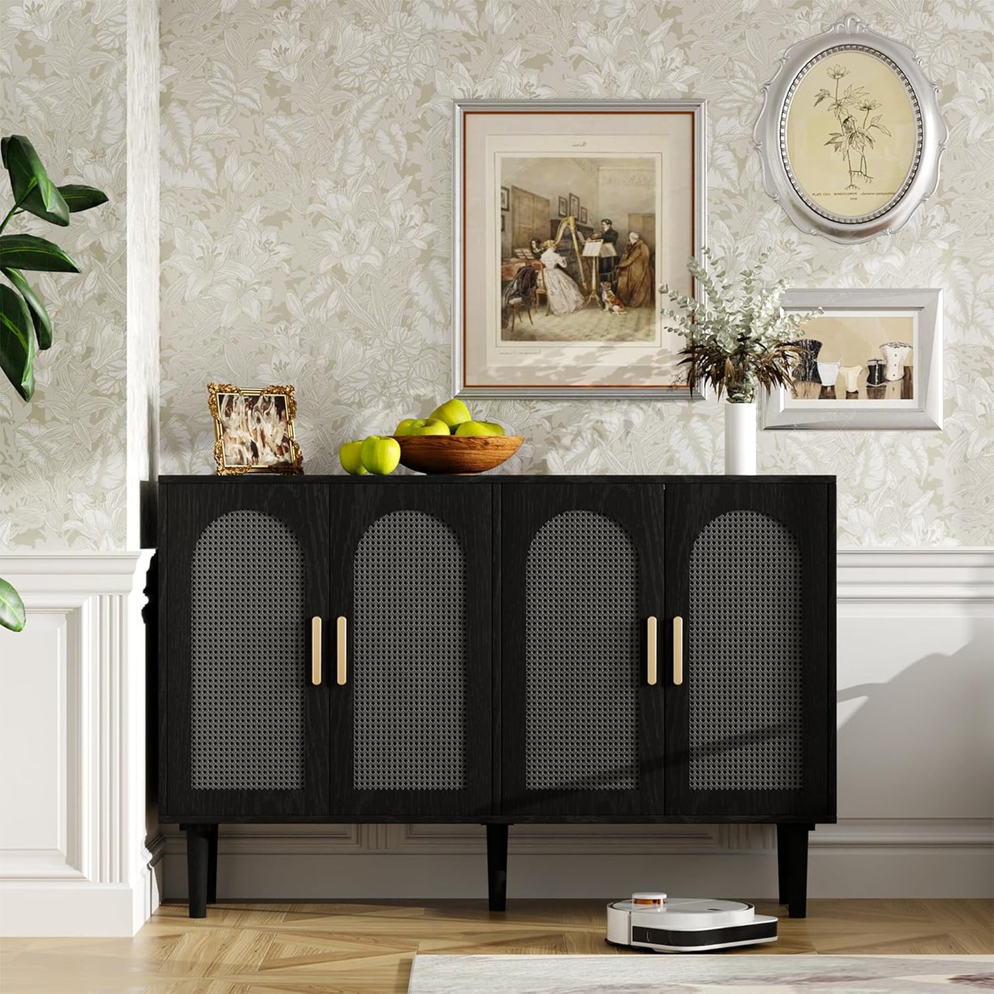 Rattan Cabinet, Mid-Century Modern Buffet Cabinet with 4 Rattan Doors, Black, 47x14x30 inch, Kitchen Sideboard