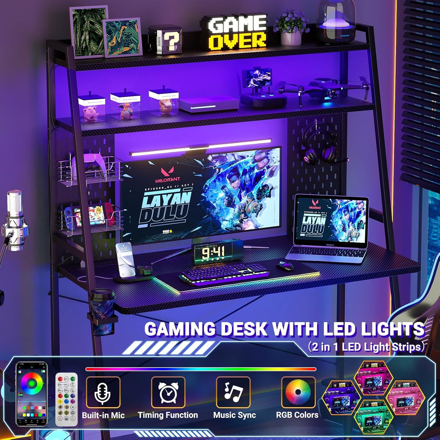 Small Gaming Desk with Hutch and LED Lights, Gaming Computer Desk with Power Outlets, Gamer Desk with Storage Shelves, Game Desks with Pegboards for Bedroom Small Spaces, Black, 43"