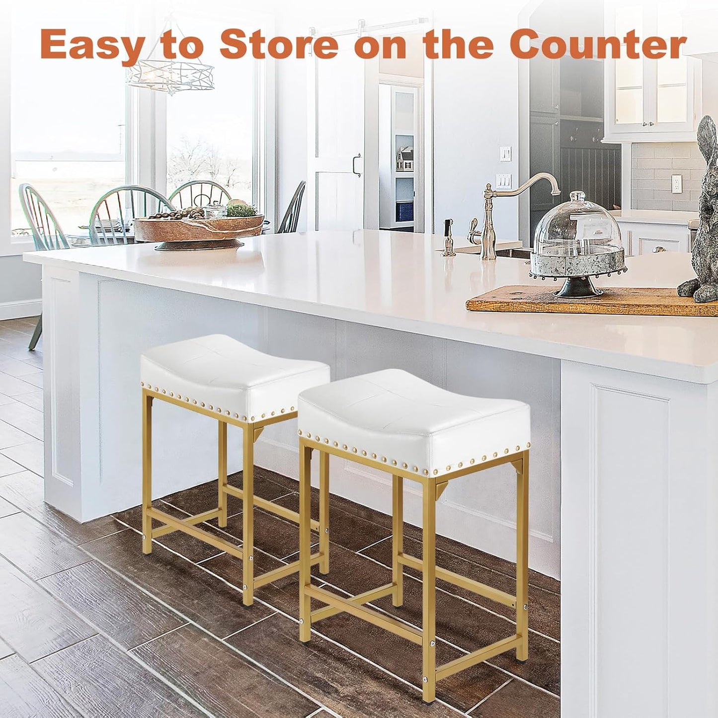 Bar Stools Set of 2, Gold White Counter Height Stools with Cushion Counter Stools and Barstools Steel Frame, 24" Modern Gold Bar Stools for Kitchen Counter Island (Off White+Gold)