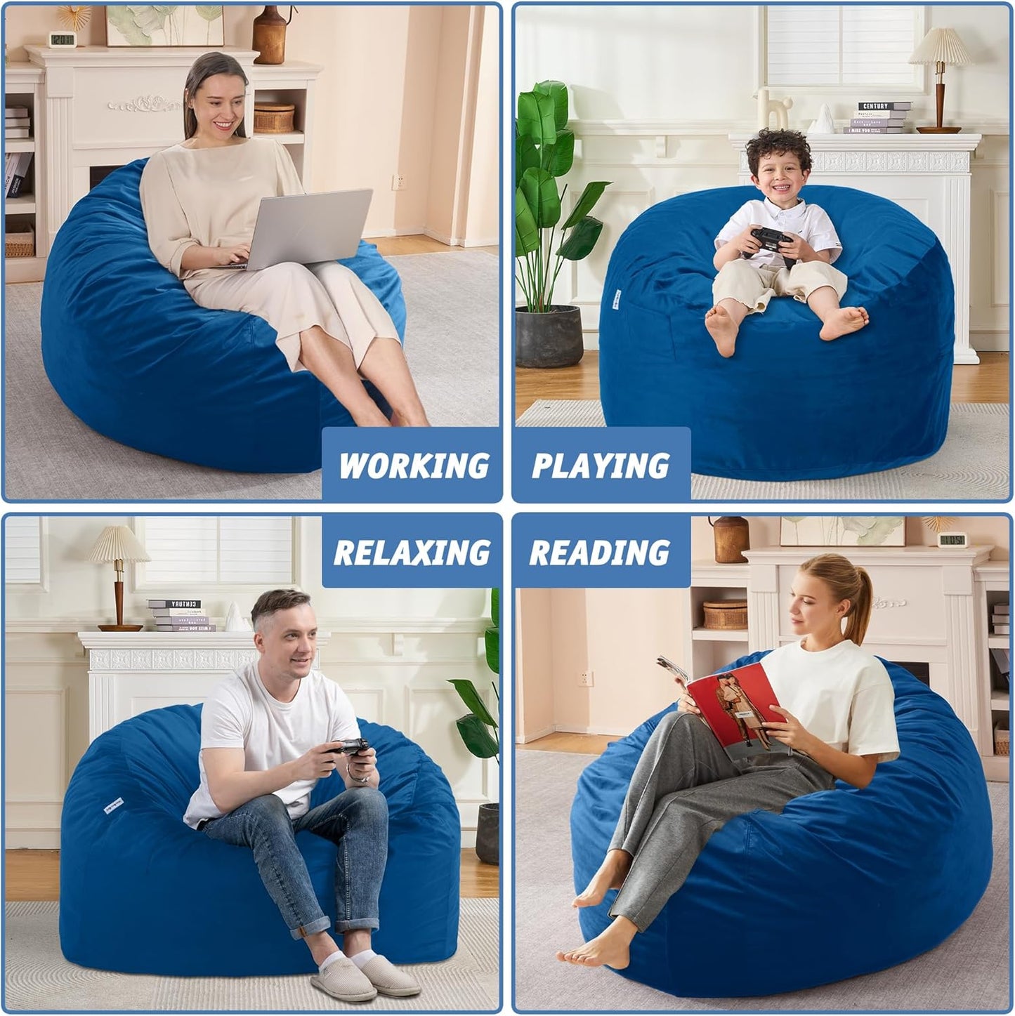 3FT Bean Bag Chair with Ultra Soft Velvet Cover Bean Bag Sofa with Memory Foam Bean Bag Chairs with Large Size Lazy Sofa for Dorm Office Living Room Bedroom Blue 3'