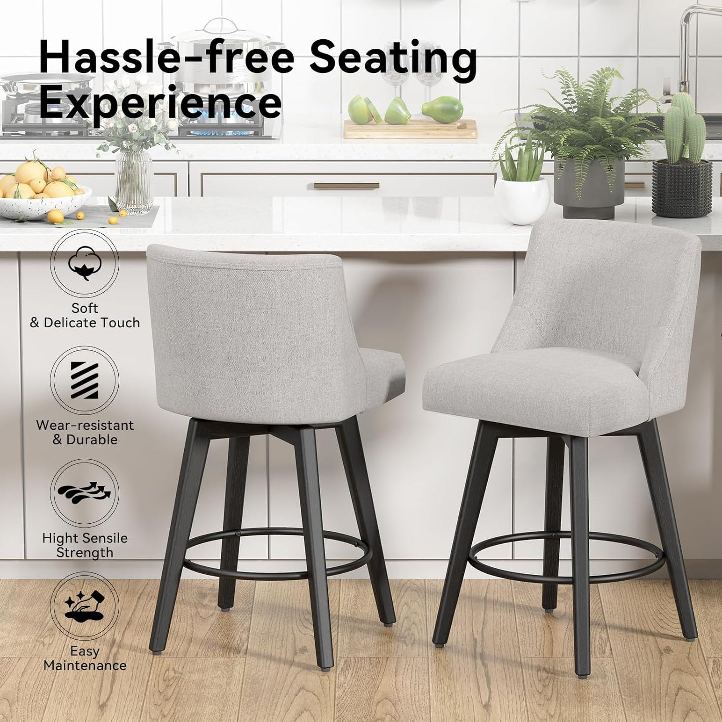Counter Height Swivel Bar Stools Set of 4, 26 Inch Bar Stools with Footrest, Linen Fabric Upholstered Barstools with Back and Solid Wood Legs for Kitchen Island, Dining Room,Pub,Light Grey