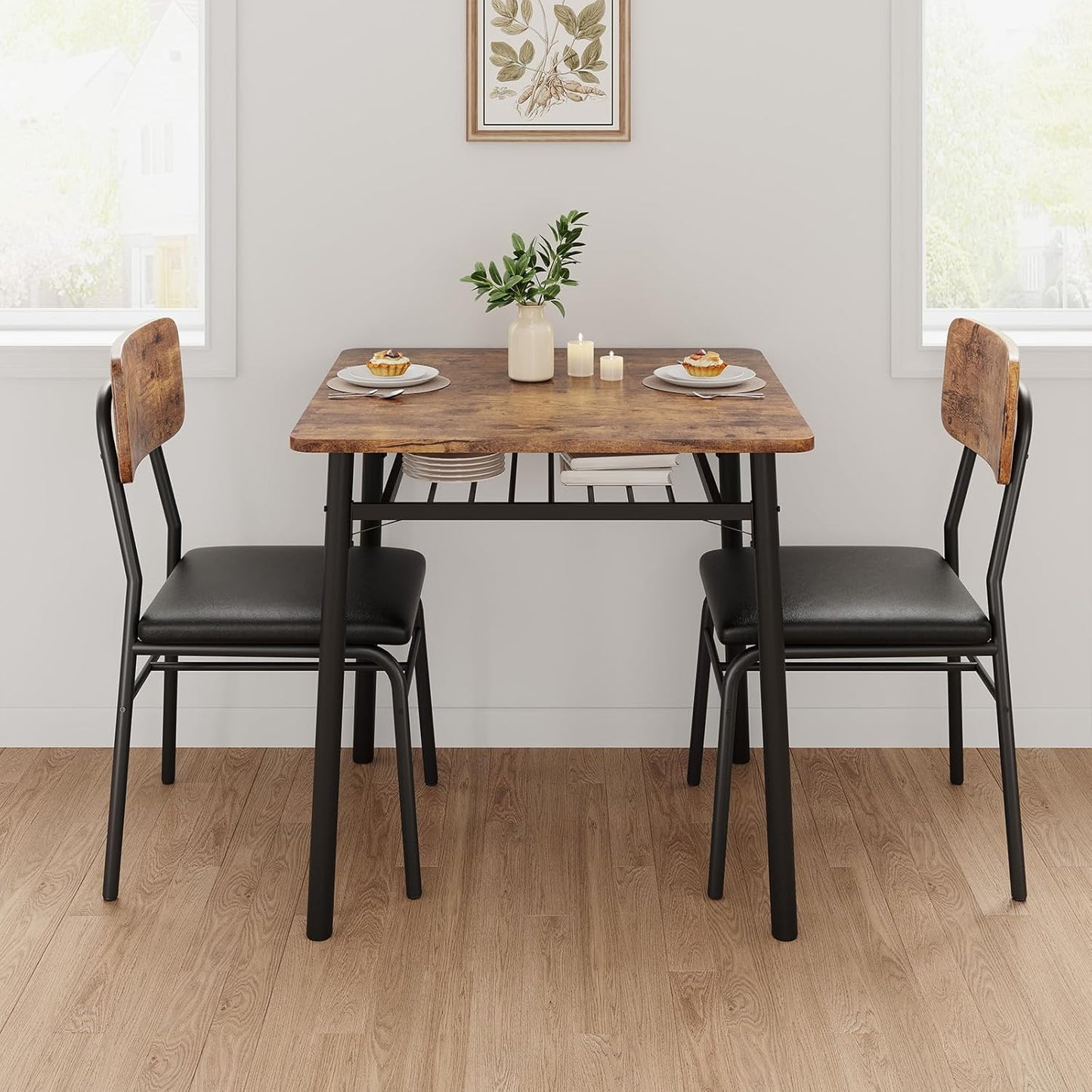 IDEALHOUSE 3-Piece Dining Table Set for 2 with Storage Rack, Wood Kitchen Table with Upholstered Chairs Set of 2, Small Square Table Set with Metal Legs Support, for Dining Room,Living Room