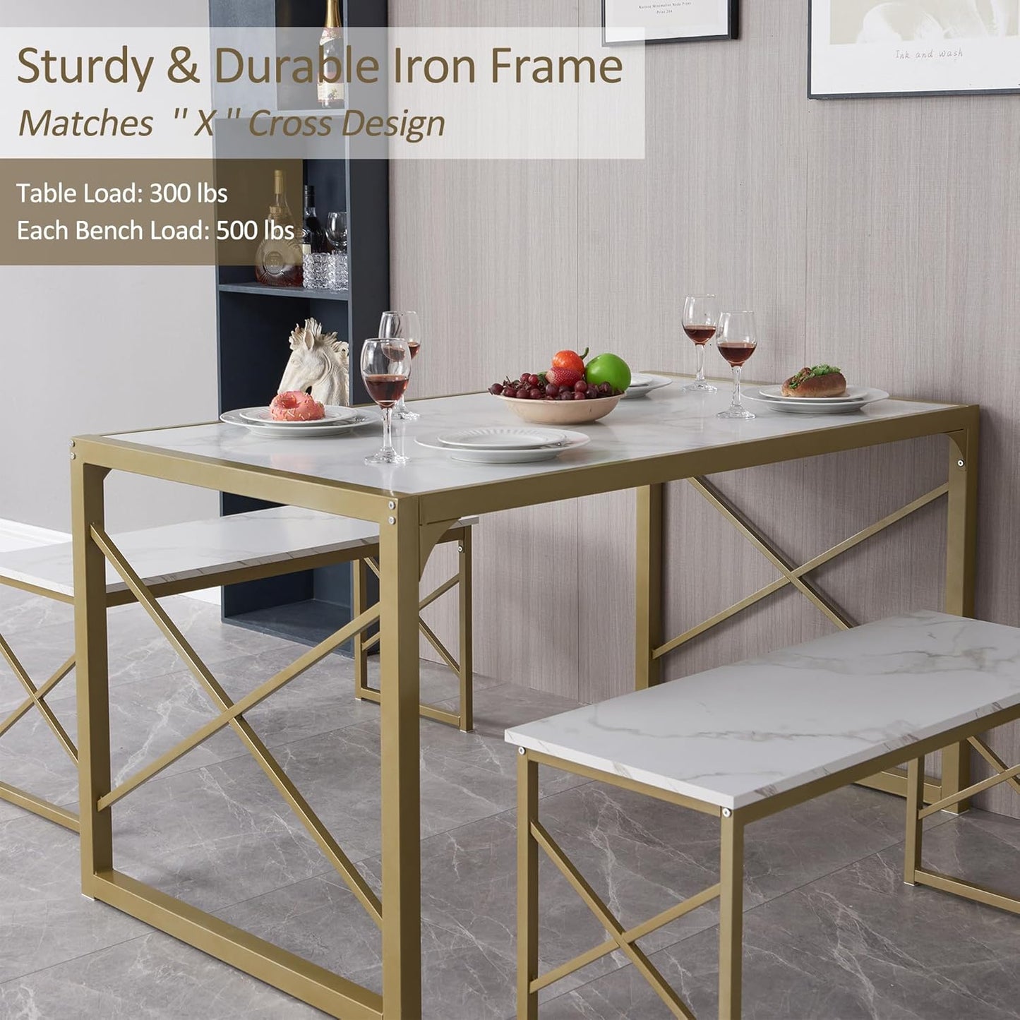 VECELO Kitchen Table with 2 Benches for 4-6,Wood Dining Room Dinette Sets with Metal Frame for Breakfast Nook and Small Space