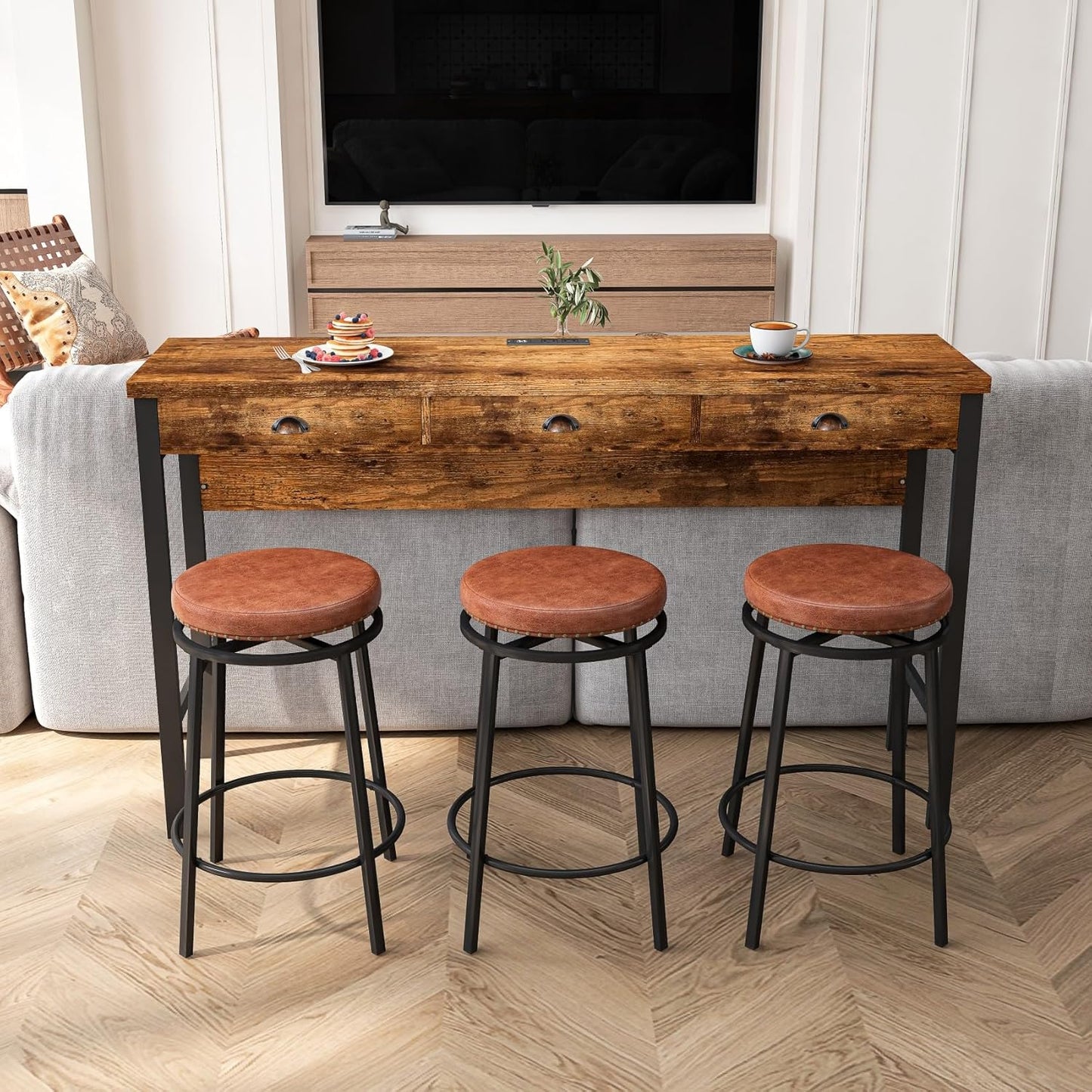 KEIKI 60.24” Long Bar High Top Dining Table and 3 Stools Chairs Set with Drawer & Power Outlet, Wood Behind Couch Sofa Counter Height Pub Furniture for Breakfast, Kitchen Living Party Room, Brown