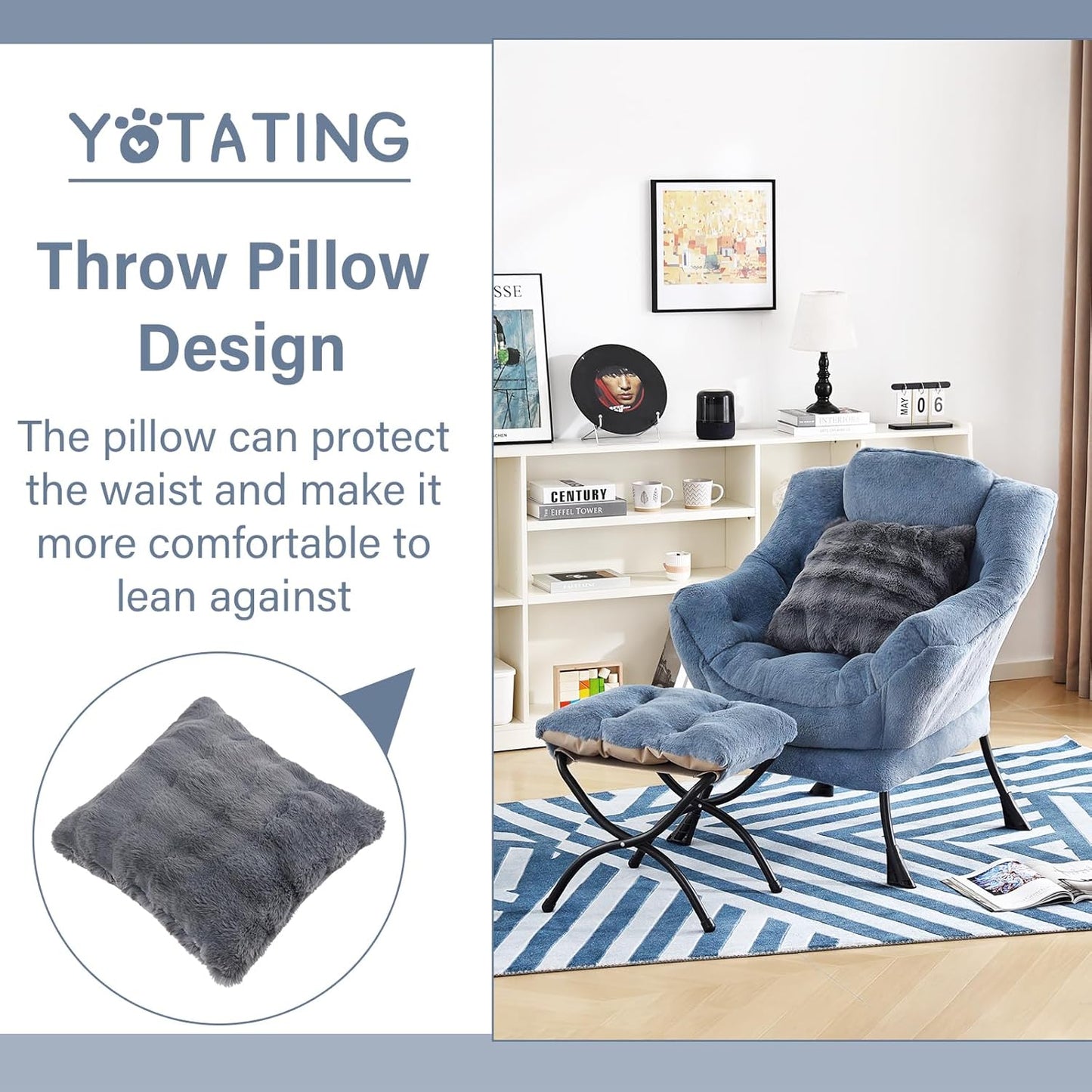 Lazy Chair with Ottoman, Comfy Reading Chair with Footstool & Throw Pillow Modern Lounge Accent Chair with Armrests & Side Pocket for Living Room, Bedroom, Dorm Room, Office