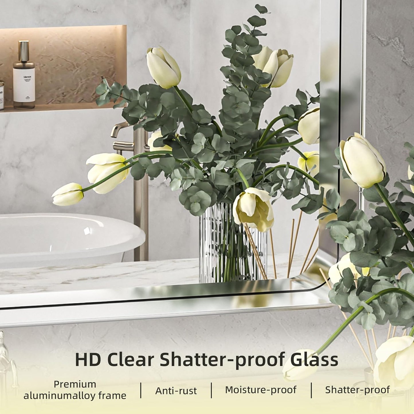 Hasipu Brushed Silver Bathroom Mirror 63x35 Inch Rounded Rectangle Vanity Mirror Metal Framed Wall Mirrors Anti-Rust Surface Mount (Horizontal/Vertical)