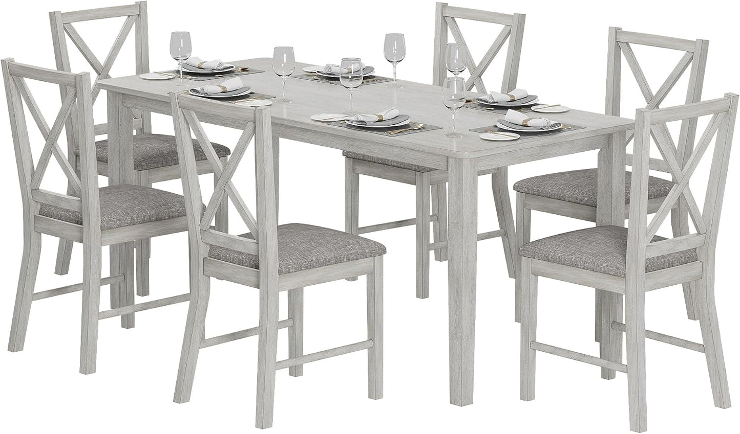 7-Piece Solid Wood Dining Table Set for 6, Modern Breakfast Dinette Kitchen Table with Chairs for Dining Room, Kitchen, Grey