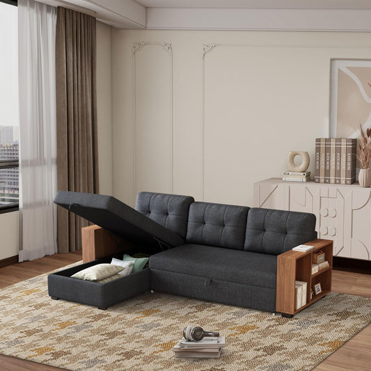 Ball & Cast 84" Sectional Sleeper Sofa with Storage Chaise,L Shaped Pull Out Couch Bed with Wooden Armrests and 3 Removable Back Cushion for Living Room,Apartment,Office,Dark Grey