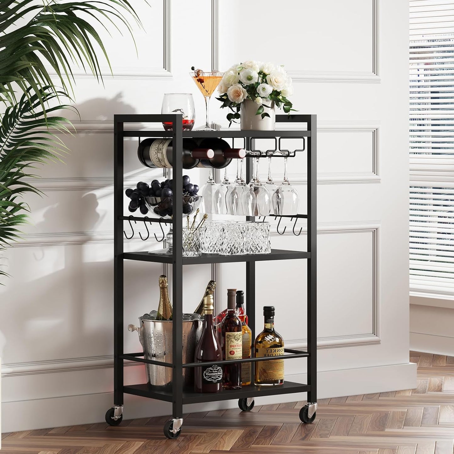 TUTOTAK Bar Cart, Home Bar Serving Cart with 3-Tier Shelf, Drink Cart with Wine Rack, Glass Holder, Rolling bar carts for The Home, Living Room, Brown V1BC01BK035