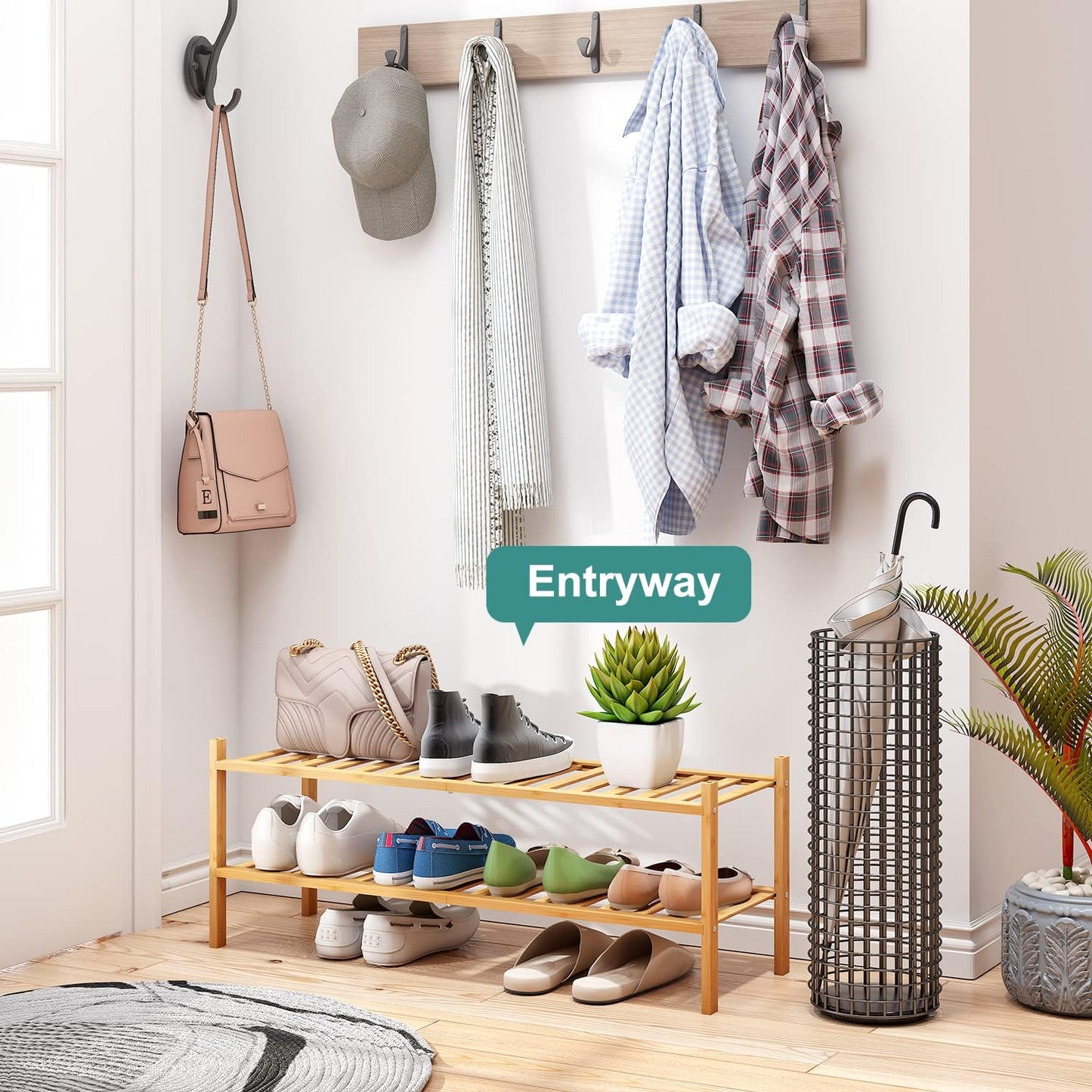 2-Tier Long Shoe Rack for Entryway, Black Bamboo Wood Shoe Rack for Closet & Hallway, Long 33IN | Beautiful | Functional | Sturdy | Durable