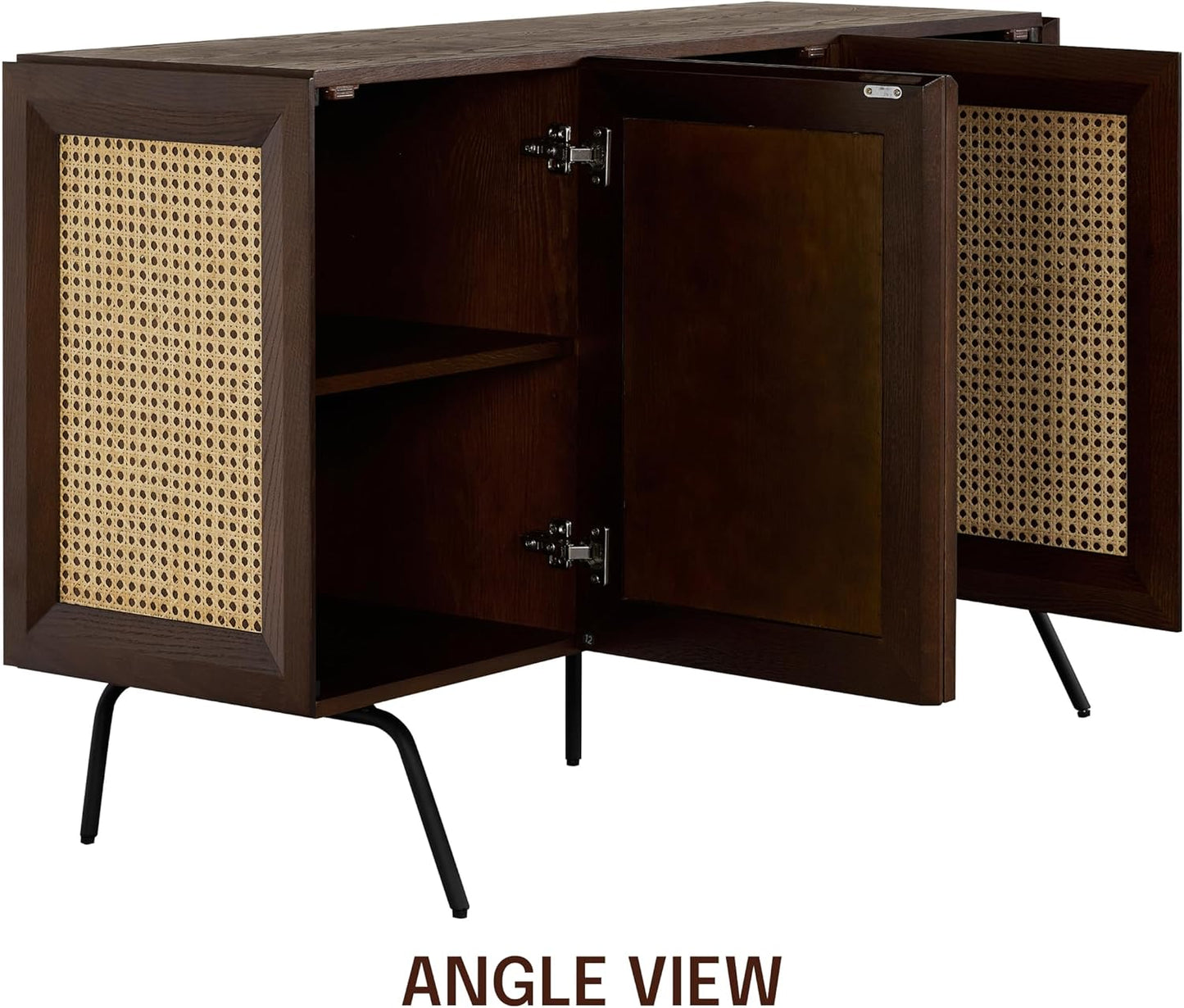 NTC MOSSIC Modern Sideboard with 3 Doors, Natural Rattan Storage Cabinet, Buffet with Metal Legs, Boho Accent Cabinet for Living Room, and Entryway, Effortless Assembly - Dark Walnut