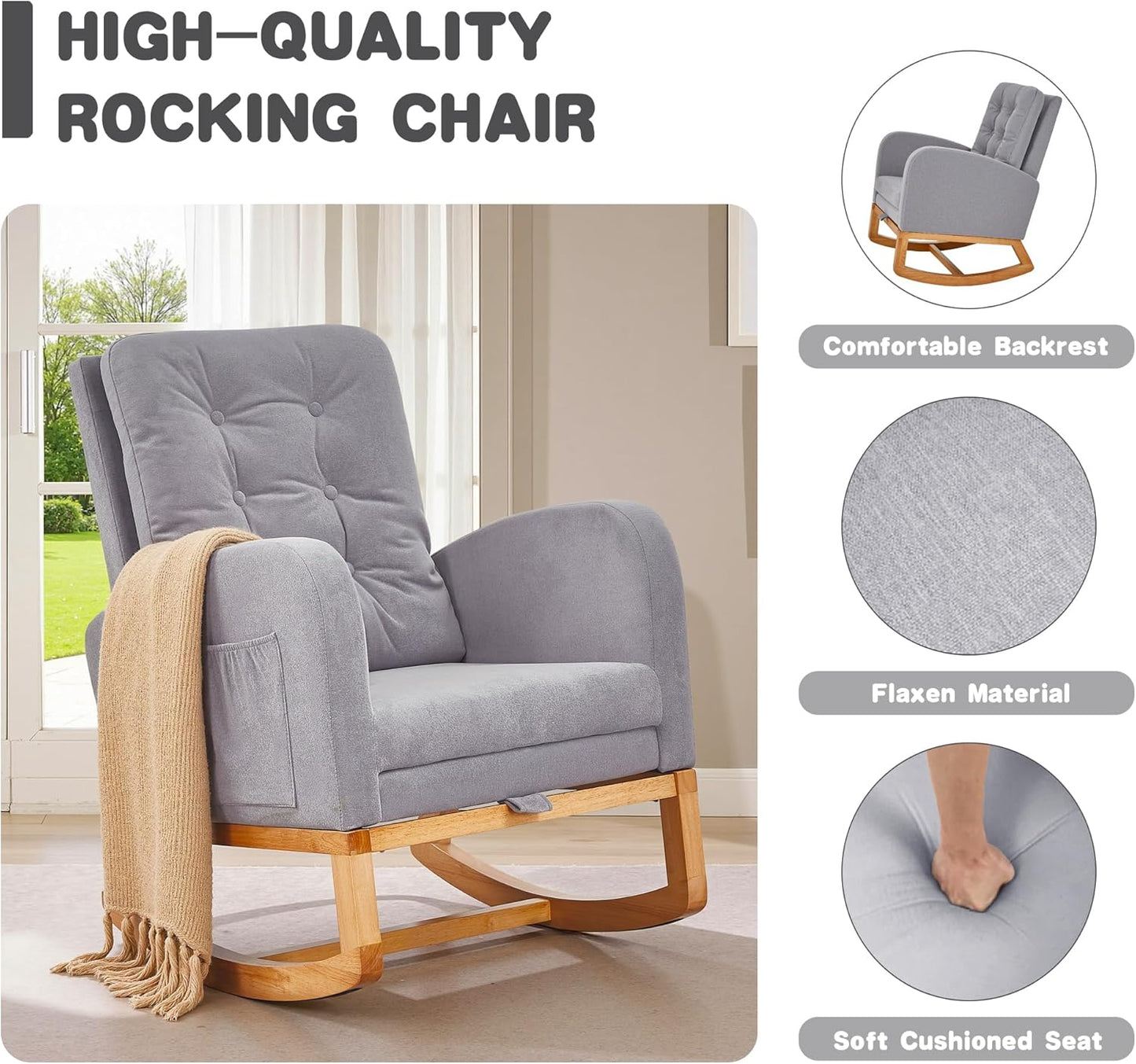 VECELO Rocking Chair Nursery, Modern Sherpa Glider Rocker Accent Arm Chair with High Back and Side Pocket, Cozy Rocking Armchair for LivingRoom, Bedroom, Gray