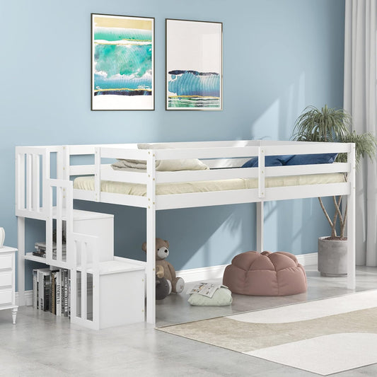 HomSof Loft Bed with Stairs and Storage,White