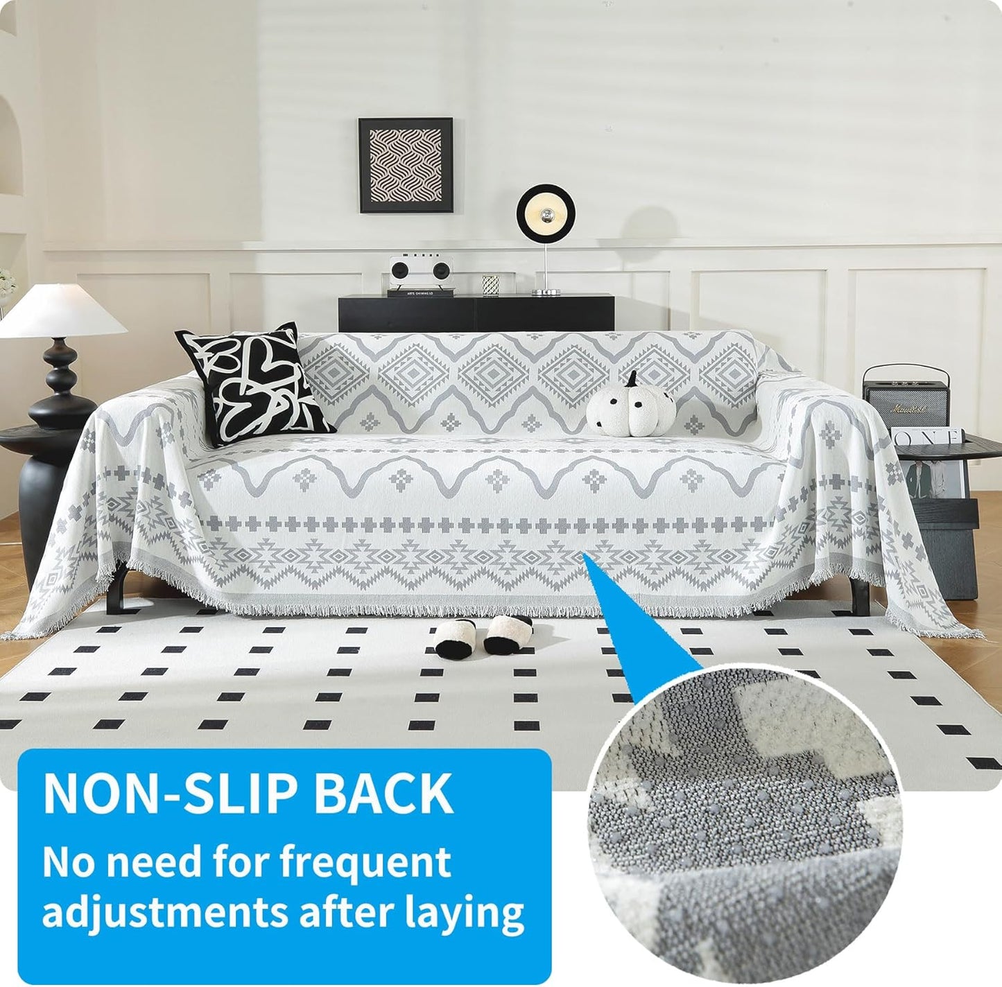 LUFEIJIASHI Boho Couch Covers for Sofa Non Slip Sofa Covers Washable Couch Covers for 3 Cushion Couch Sofa Pet Friendly Sectional Couch Cover Blanket Furniture Protector for Dogs (Grey, 91"x150")