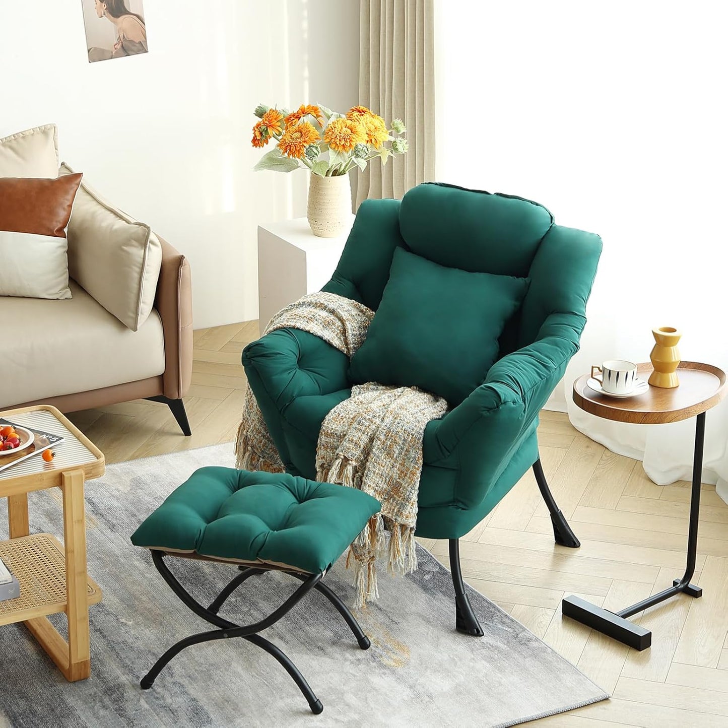 Lazy Chair with Ottoman, Comfy Reading Chair with Footstool & Pillow Modern Lounge Chairs with Armrests & Side Pocket for Living Room, Bedroom, Dorm Room，Dark Green