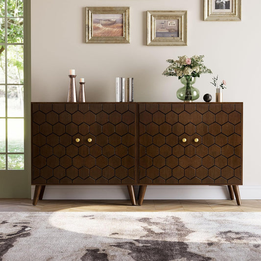 COSIEST Set of 2 32" Storage Sideboards with Doors, Accent Cabinets with Magnetic Push-to-Open Doors, Brown Honeycomb Pattern, Entryway Console for Living Room, Kitchen, Hallway