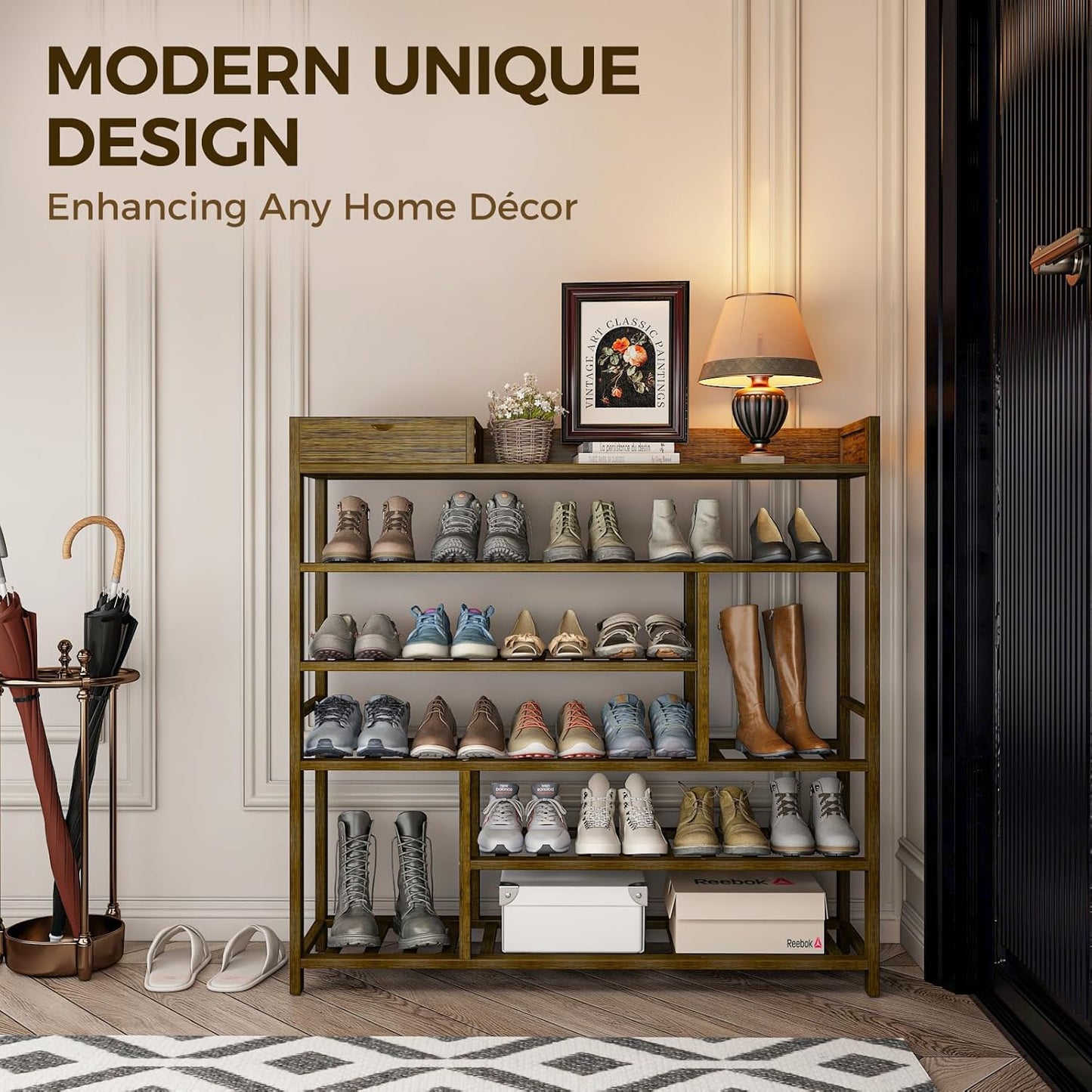 Bamworld Shoe Rack for Front Door Entrance Bamboo Shoe Organizer with Storage Box Free Standing Shoe Cabinet Wooden Shoe Storage Shelf for entryway, Closet and Doorway (Dark Brown)