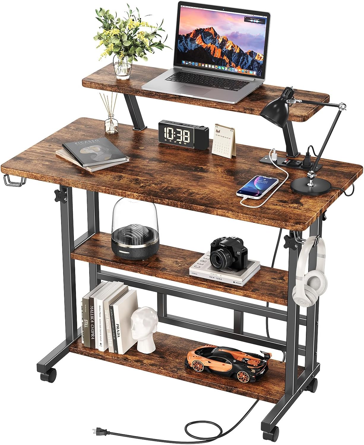 Adjustable Height Standing Desk with Power Outlets, Rolling Stand Up Desk with Monitor Stand and Storage Shelves, 31.5" Small Mobile Computer Desk, Portable Laptop Table (Retro Brown)