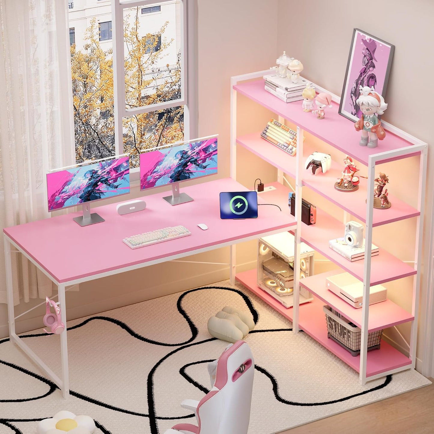 Pamray L Shaped Computer Desk with Reversible Side Storage Shelves, 49 Inch Gaming Desk with Power Outlets and Led Lights, PC Table for Home Office and Bedroom Pink