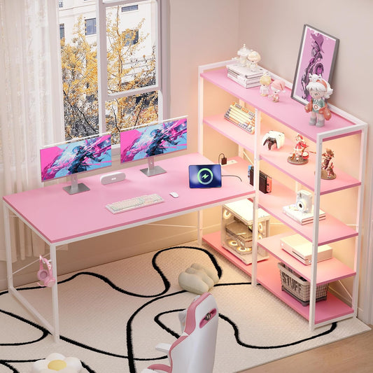 Pamray L Shaped Computer Desk with Reversible Side Storage Shelves, 49 Inch Gaming Desk with Power Outlets and Led Lights, PC Table for Home Office and Bedroom Pink