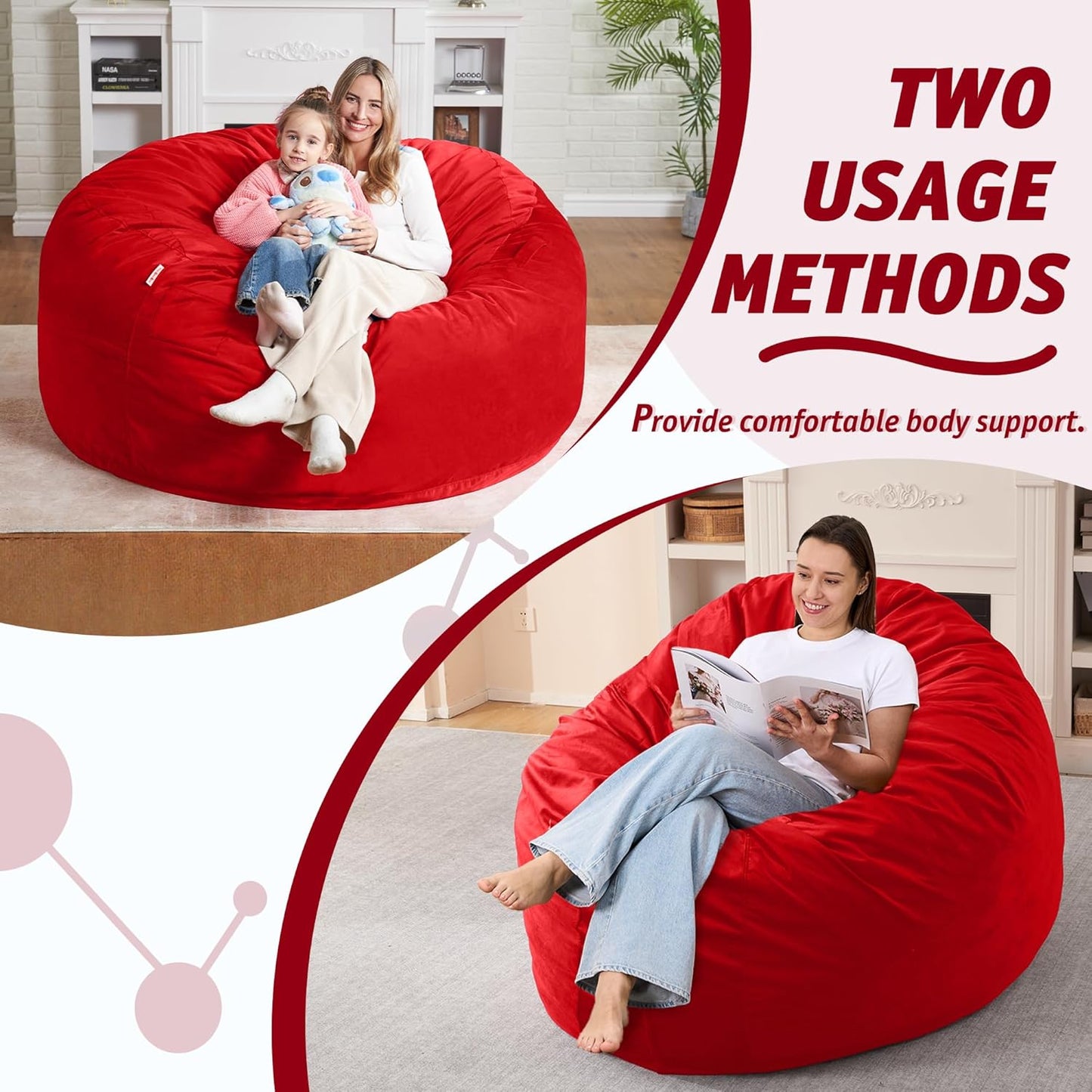5FT Bean Bag Chair with Ultra Soft Velvet Cover Bean Bag Sofa with Memory Foam Bean Bag Chairs with Large Size Lazy Sofa for Dorm Office Living Room Bedroom Red 5'