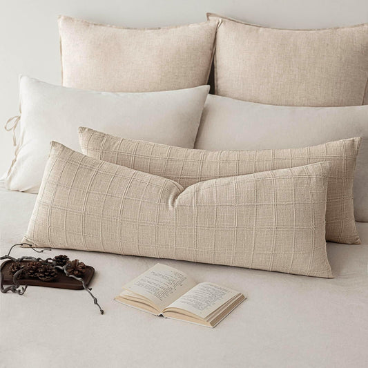 Foindtower Set of 2 Decorative Linen Check Throw Pillow Covers Neutral Long Body Lumbar Cushion Covers Farmhouse Vintage Home Decor for Sofa Chair Couch Bedroom Living Room,14×36 Inch,Natural Linen