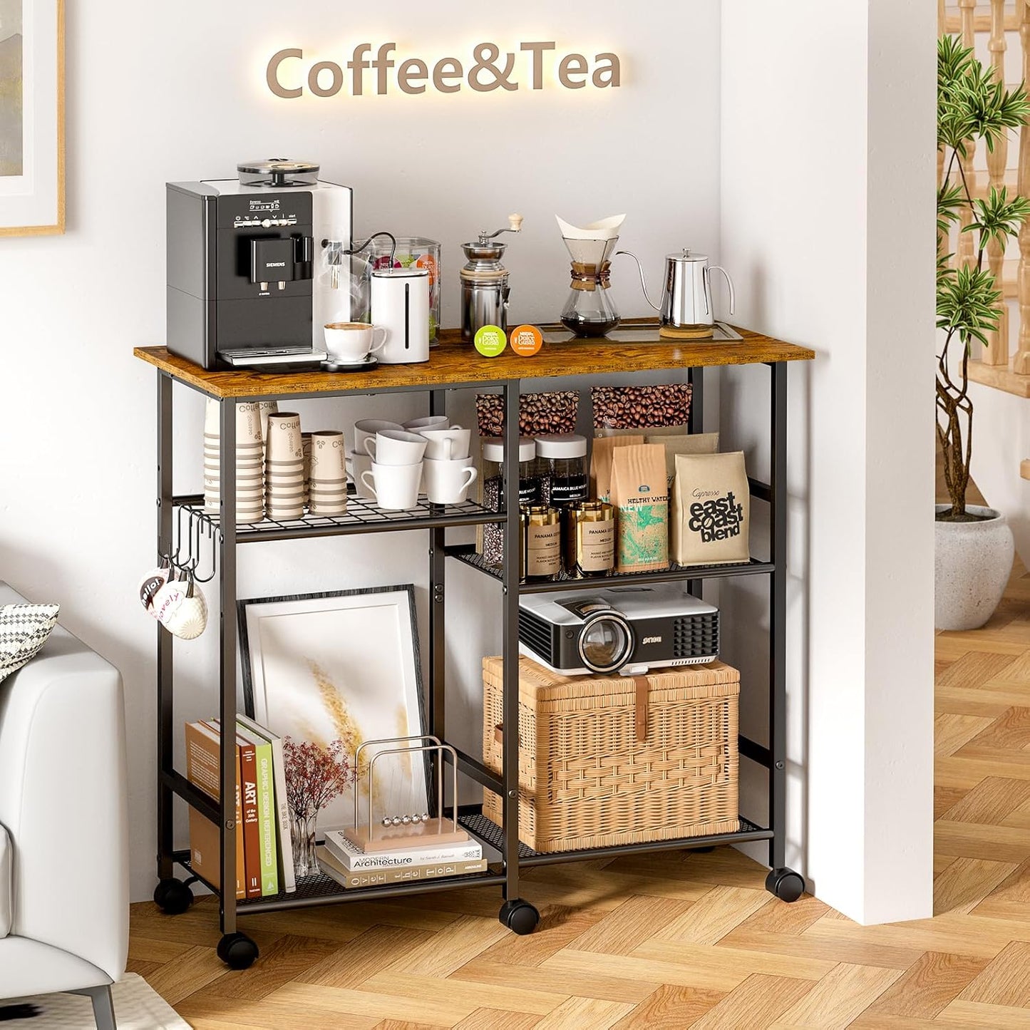 Kitchen Microwave Cart, Microwave Stand with Adjustable Shelf, Coffee Bar Stand Kitchen Baker's Rack with Wheels Rolling Storage Cart Organizer Shelf for Living Room, Office, Balcony