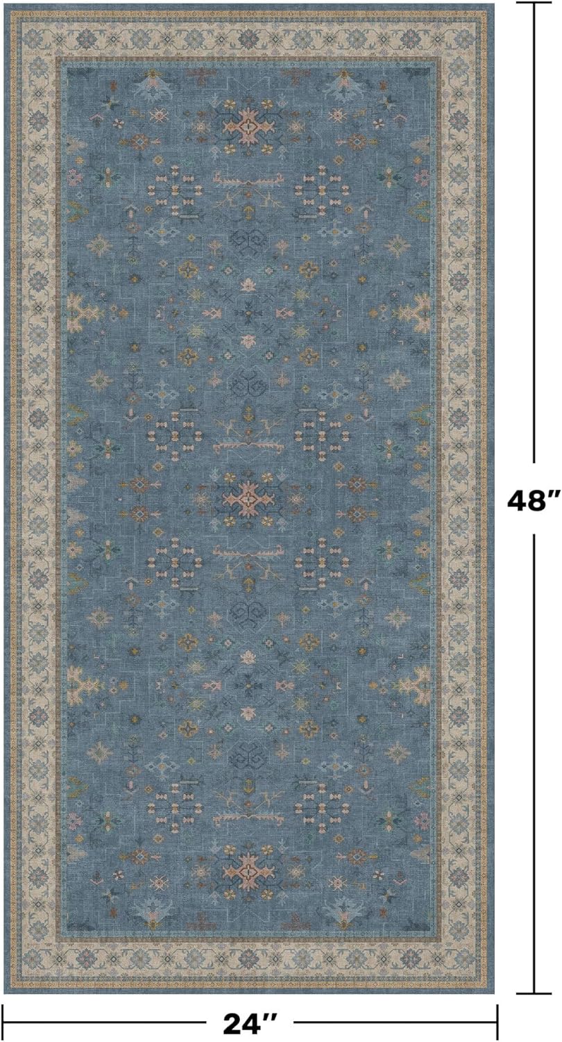 Blue 2x4 Runner Rug for Entryway Indoor, Kitchen Floor Waterproof, Bathroom, Powder Room, Washable Non Slip Low Pile Stain & Fade Resistant, Modern Eclectic Floral Decor
