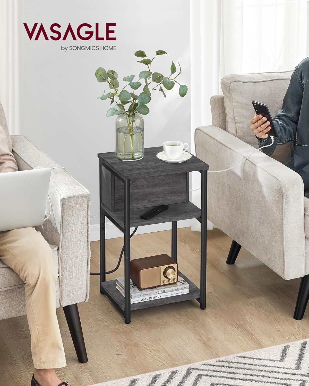 VASAGLE Side Table with Charging Station, 3-Tier End Table with USB Ports and Outlets, Nightstand for Living Room, Bedroom, 11.8 x 13.4 x 22.8 Inches, Plug-in Series, Misty Gray and Black