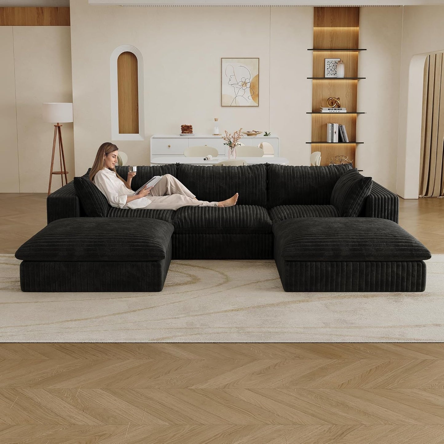 Down Filled Boneless Sectional Sofa Cloud Couch with Movable Ottomans, 118 inch Convertible U Shaped Lounge Couch w/Deep Seat, Fluffy Corduroy Upholstered Compress Modular Sofa