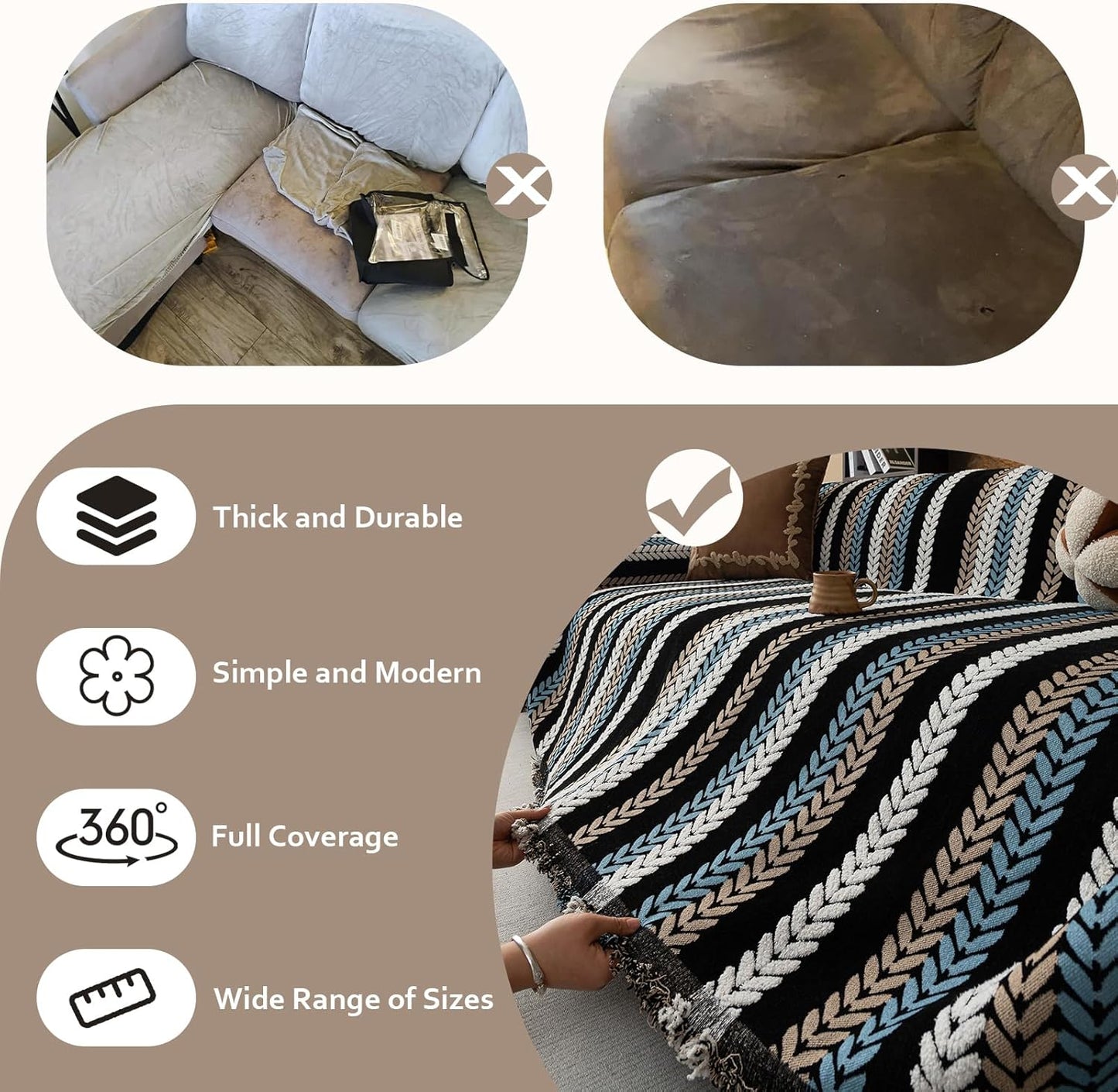 STACYPIK Modern Striped Sofa Cover for Pets, Vintage Jacquard Herringbone Couch Cover for 2 Cushion Couch, Non-Slip L Shaped Couch Cover for Sectional Washable Throw Slipcover for Living Room-71x118IN