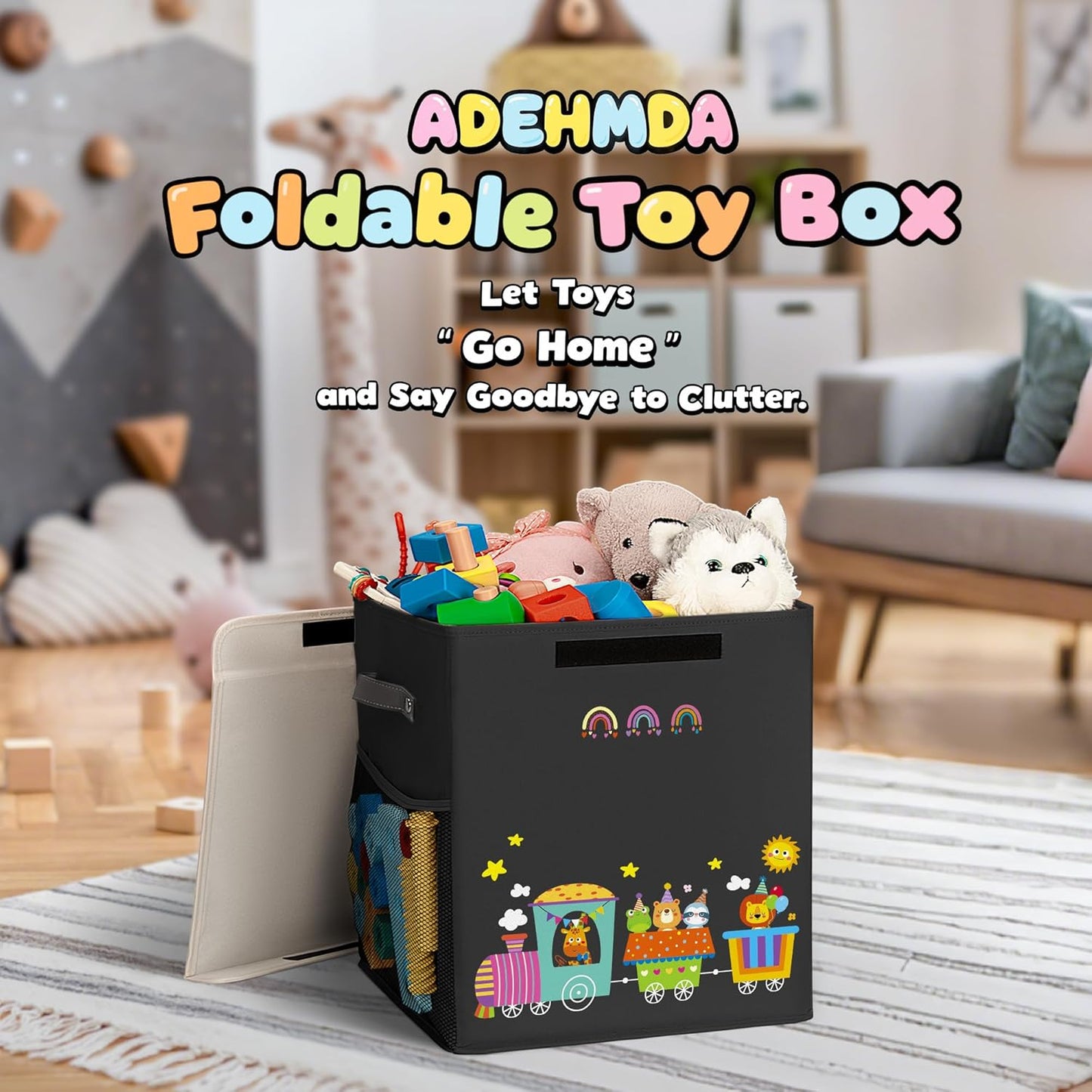 40L Large Toy Storage Box with Lid, Large Toy Box Chest for Kids, Girls and Boys, Nursery Room and Living Room, 13"x13" x16" (black-train)