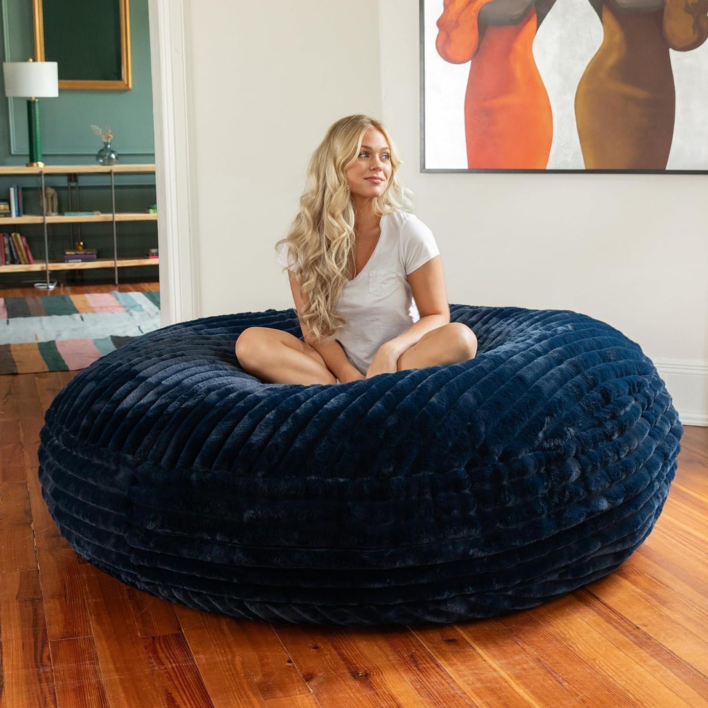 Jaxx 6 Foot Cocoon - 2-in-1 Convertible Bean Bag Bed & Large Bean Bag Chair for Adults, Premium Luxe Faux Fur - Mondo Midnight Blue