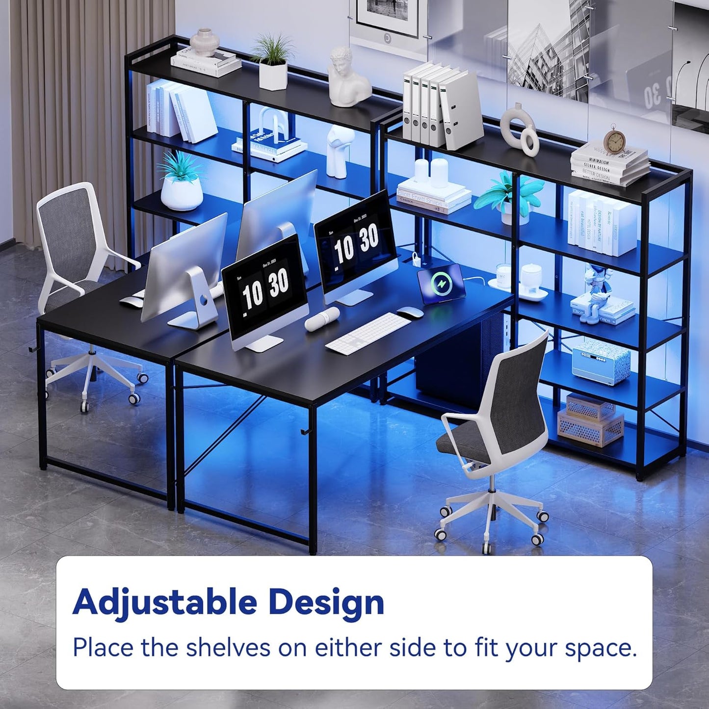 Pamray L Shaped Computer Desk with Reversible Side Storage Shelves, 49 Inch Gaming Desk with Power Outlets and Led Lights, PC Table for Home Office and Bedroom Black